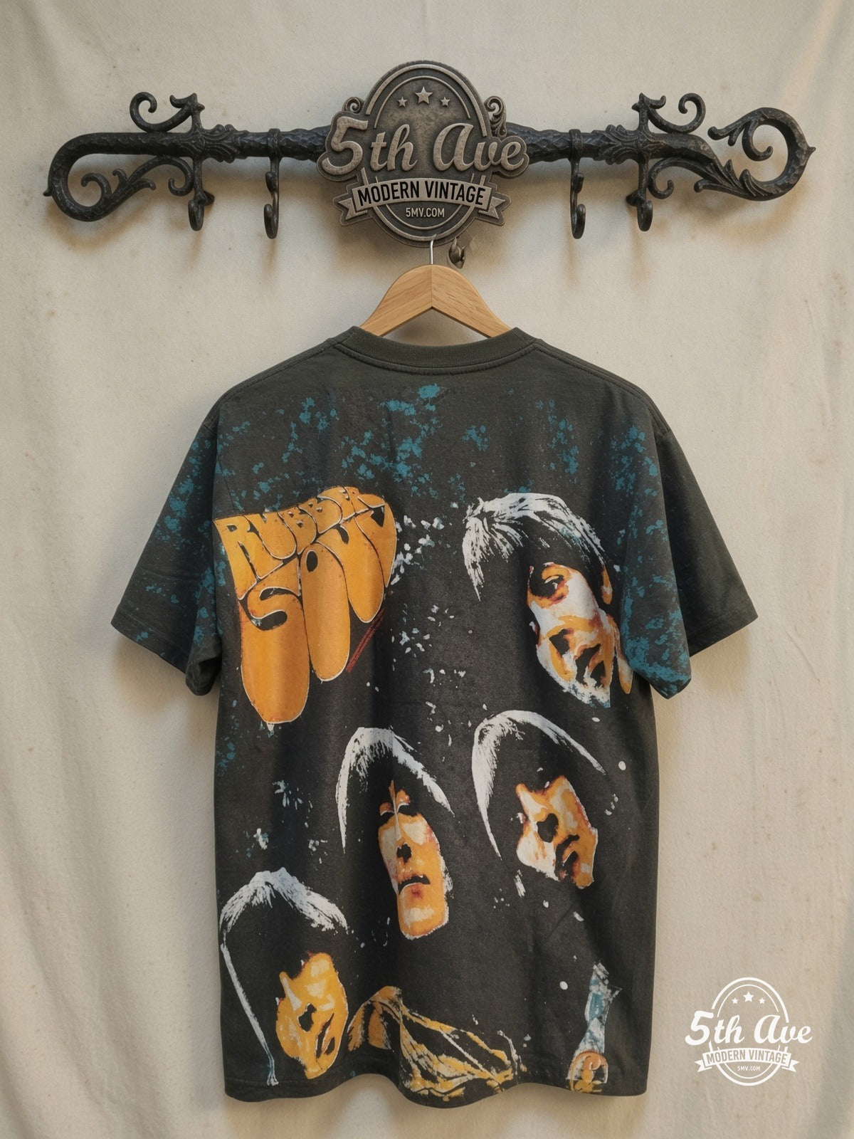 The Beatles – Rubber Soul – All Over Print – Vintage Band T-Shirt — back on locked cream ornate 5th Ave rack