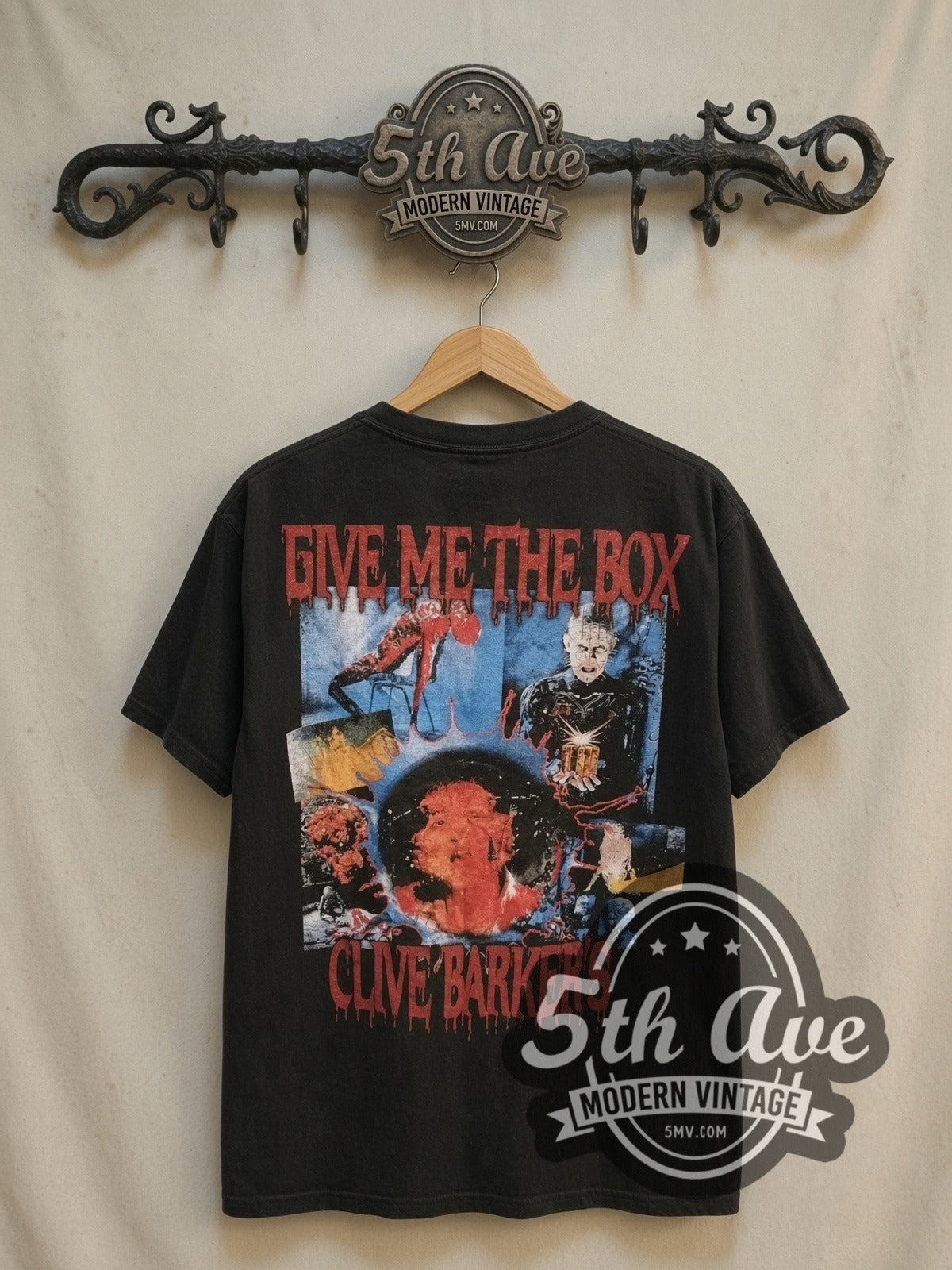 Hellraiser Puzzle Box vintage graphic t-shirt, back view on a display rack