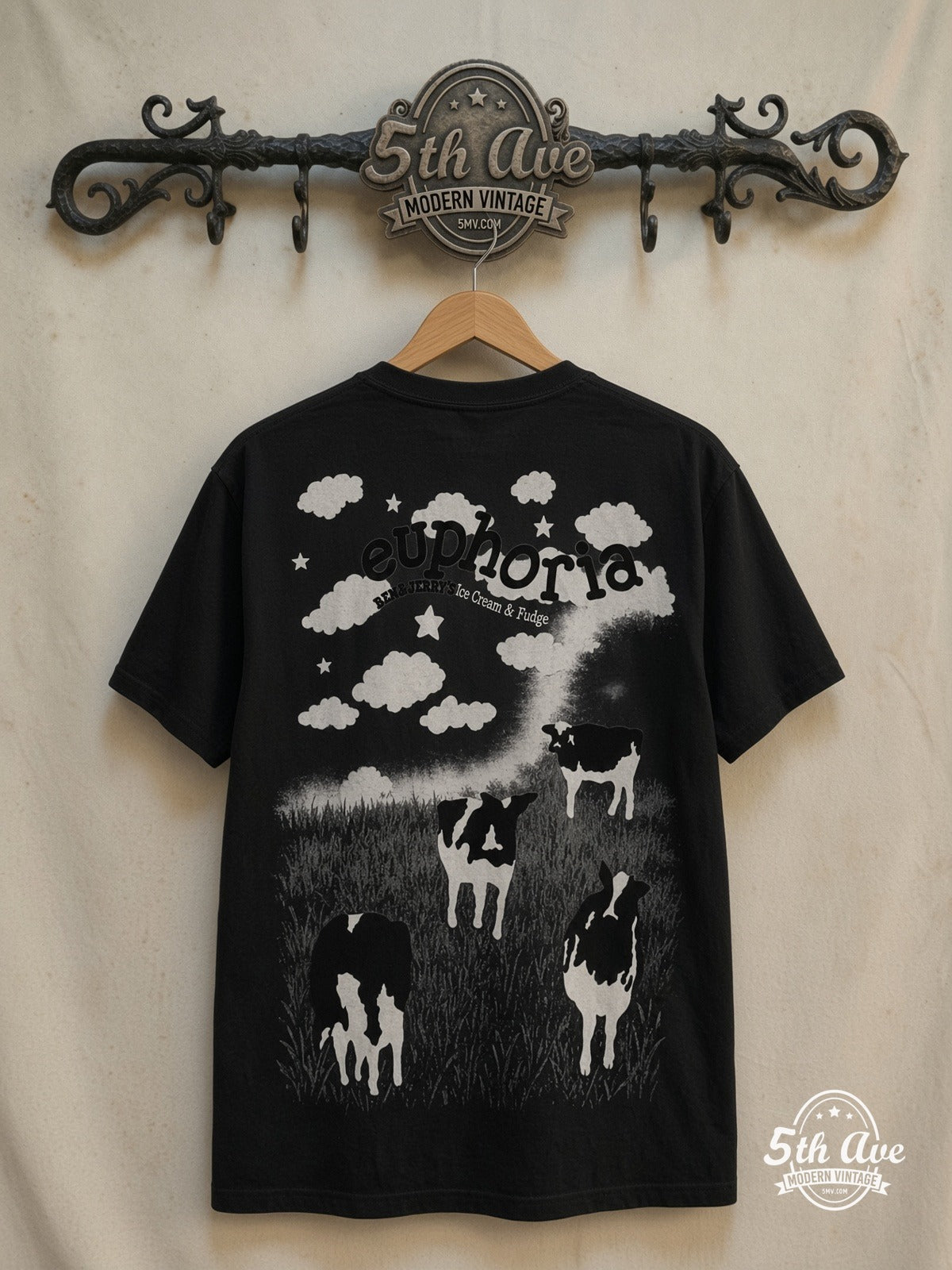 Ben & Jerry – Euphoria – All Over Print – Vintage Graphic Tee — back on locked cream ornate 5th Ave rack