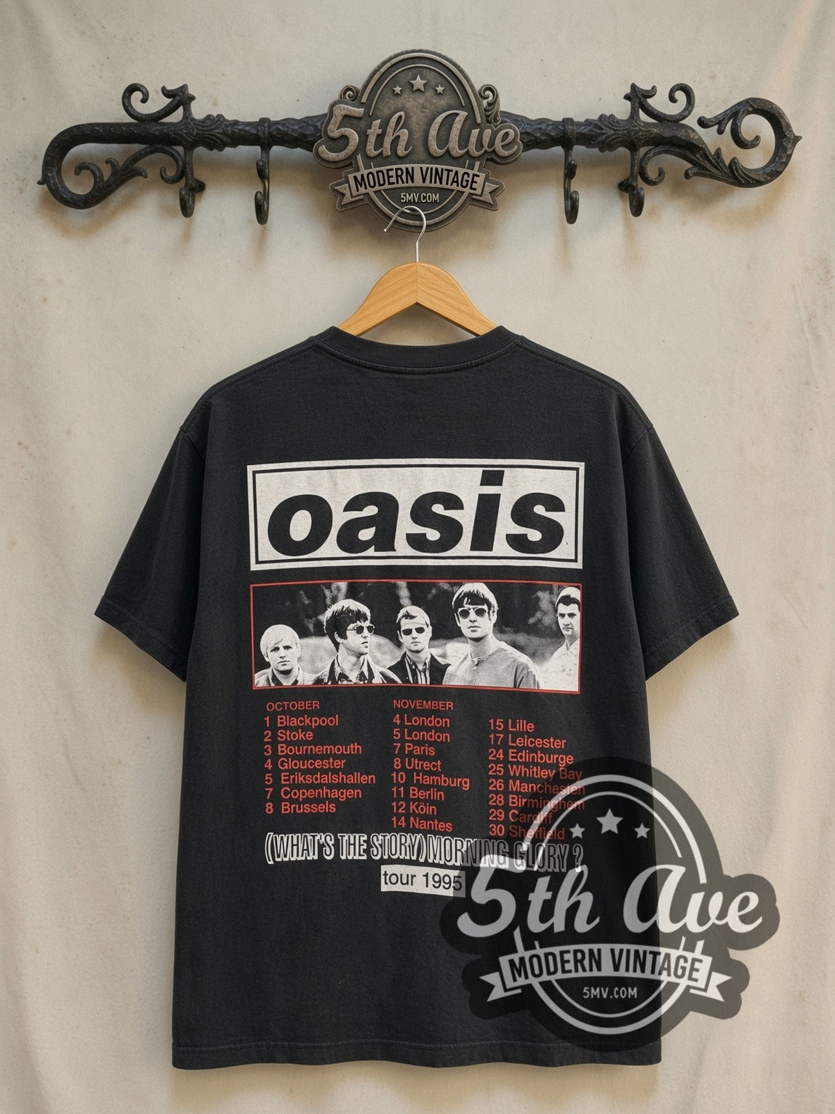 Oasis (What's the Story) Morning Glory?' Tour 1995 vintage band t-shirt in black, back view on a display rack