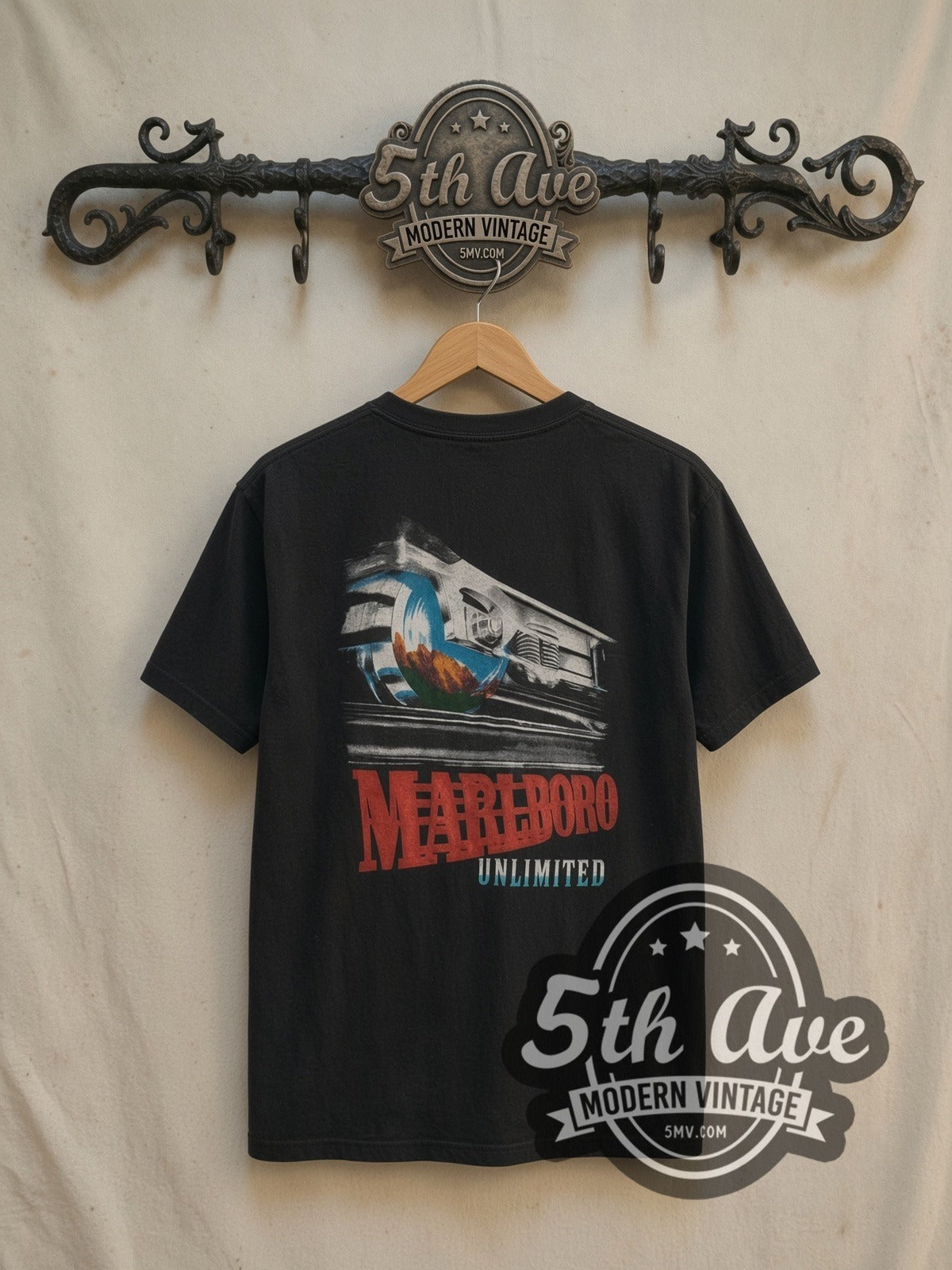 Marlboro Train vintage graphic tee, back view on a display rack