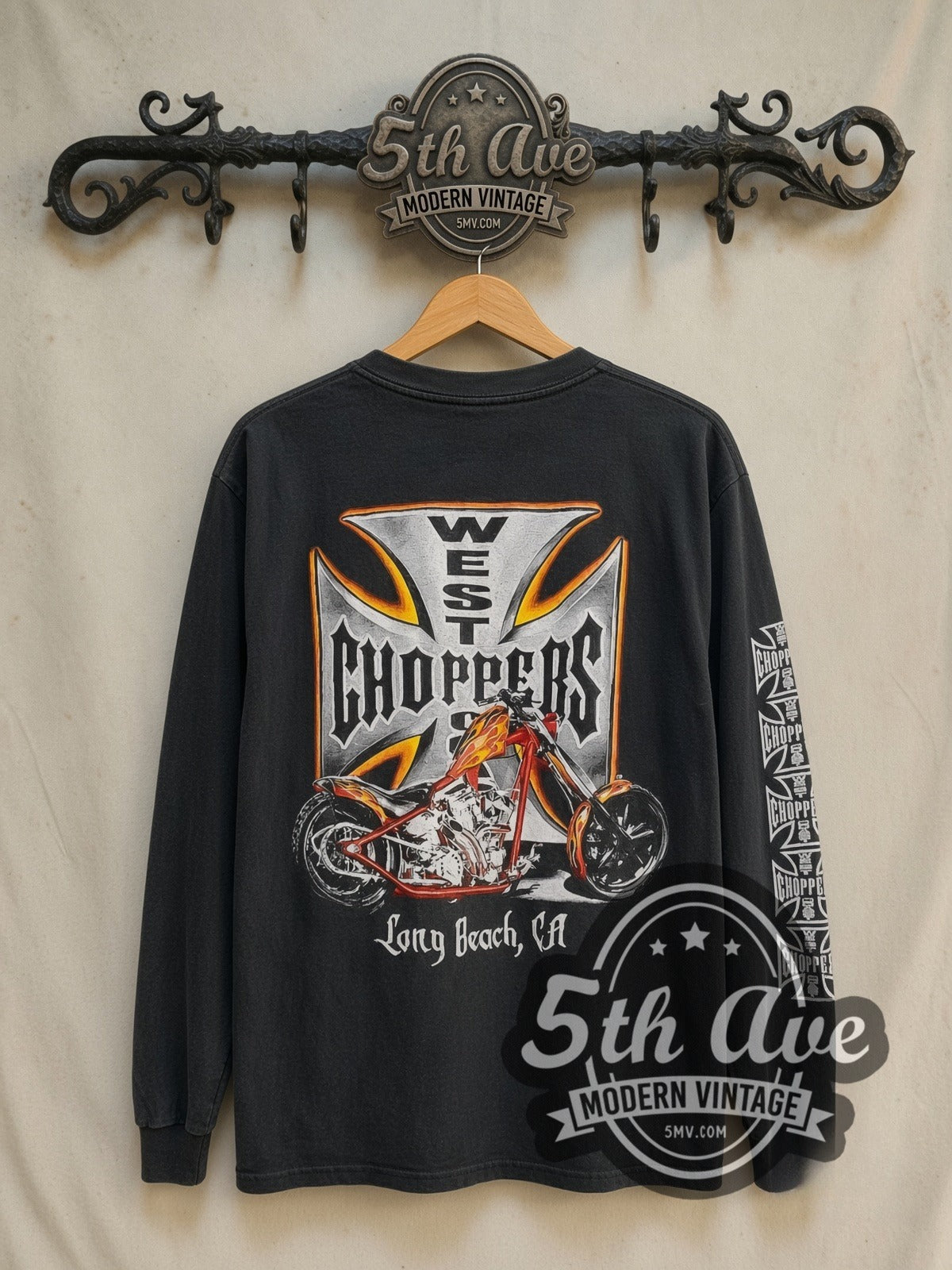West Coast Choppers Long Beach CA Red Chopper vintage graphic long sleeve t-shirt, back view on a display rack