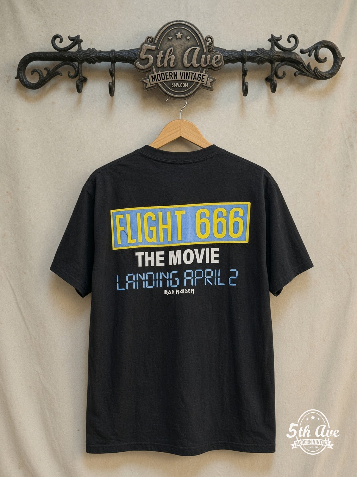 Iron Maiden – Flight 666 – Vintage Band T-Shirt — back on locked cream ornate 5th Ave rack
