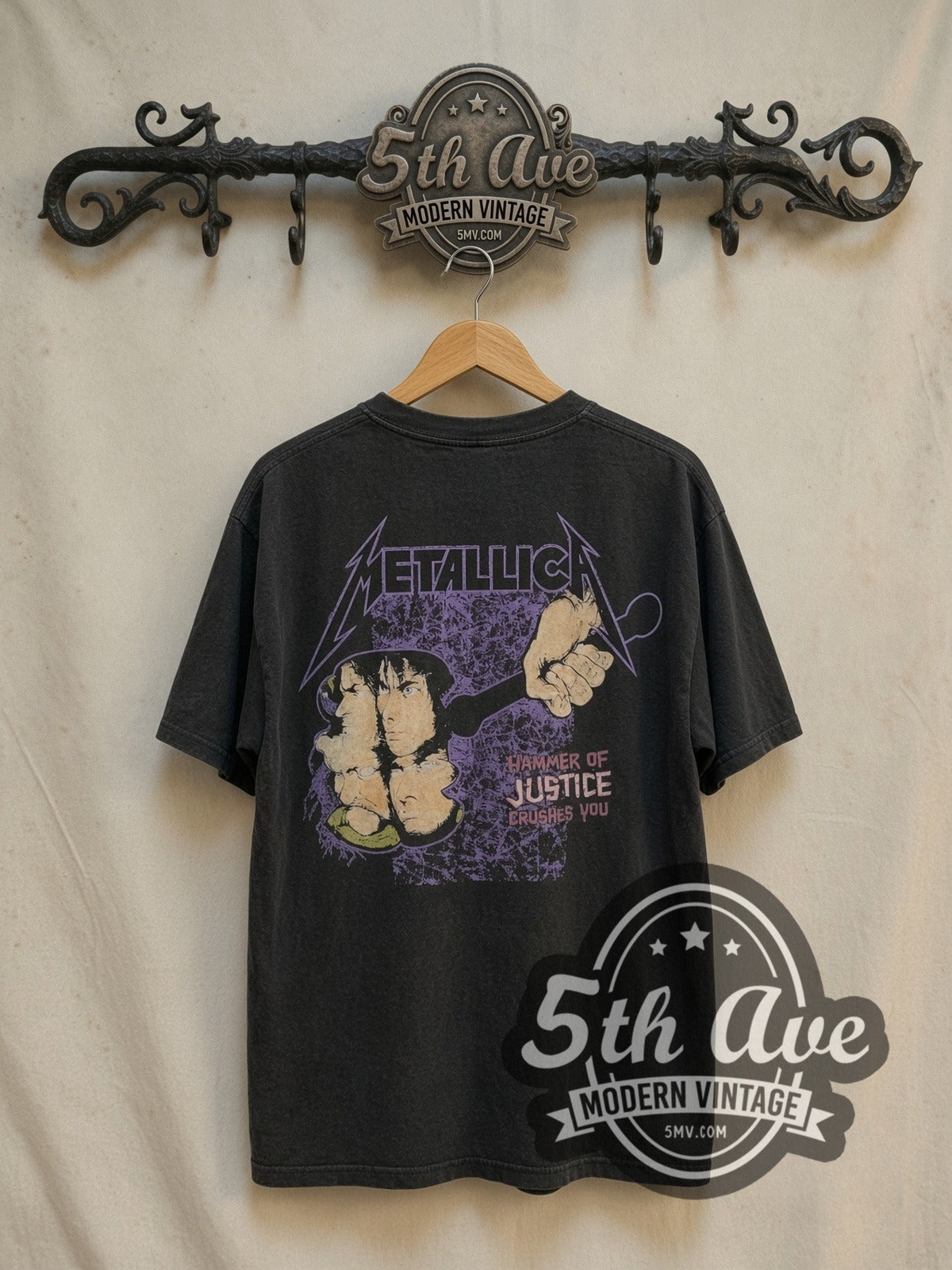 Metallica And Justice for All Hammer of Justice vintage band t-shirt, back view on the 5MV rack