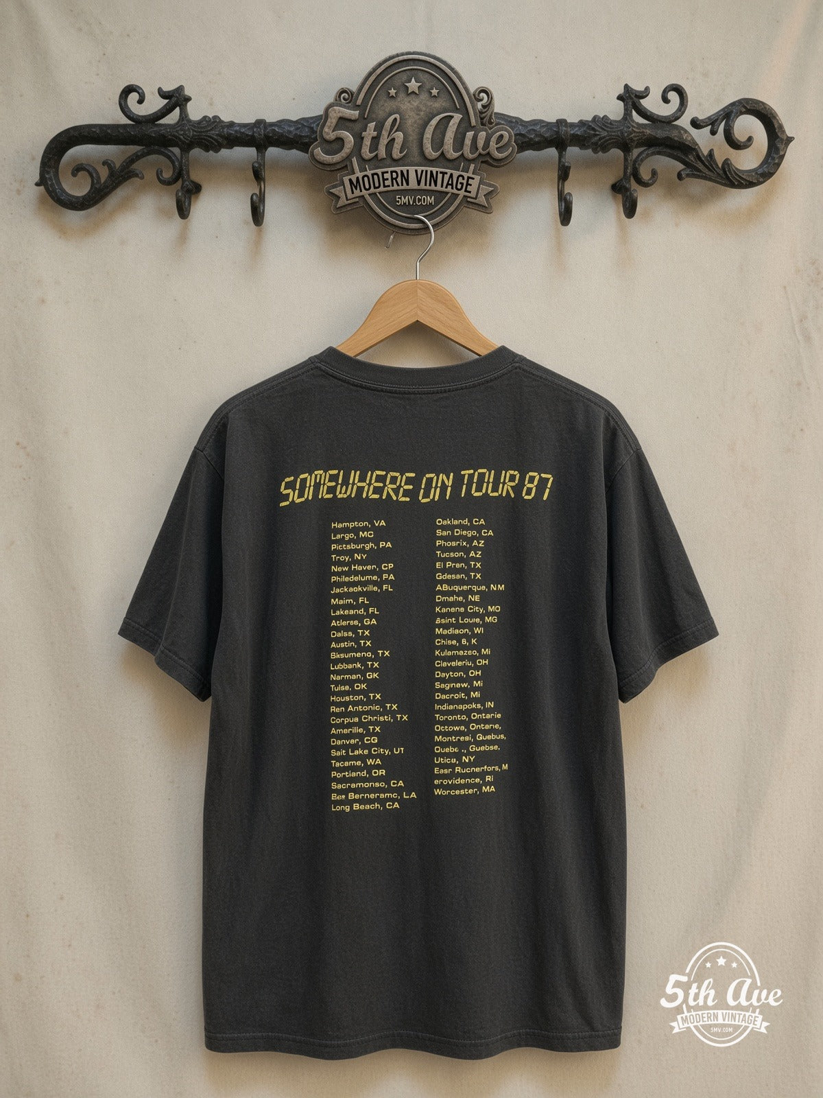 Iron Maiden – Somewhere on Tour 1987 – Vintage Band T-Shirt — back on locked cream ornate 5th Ave rack