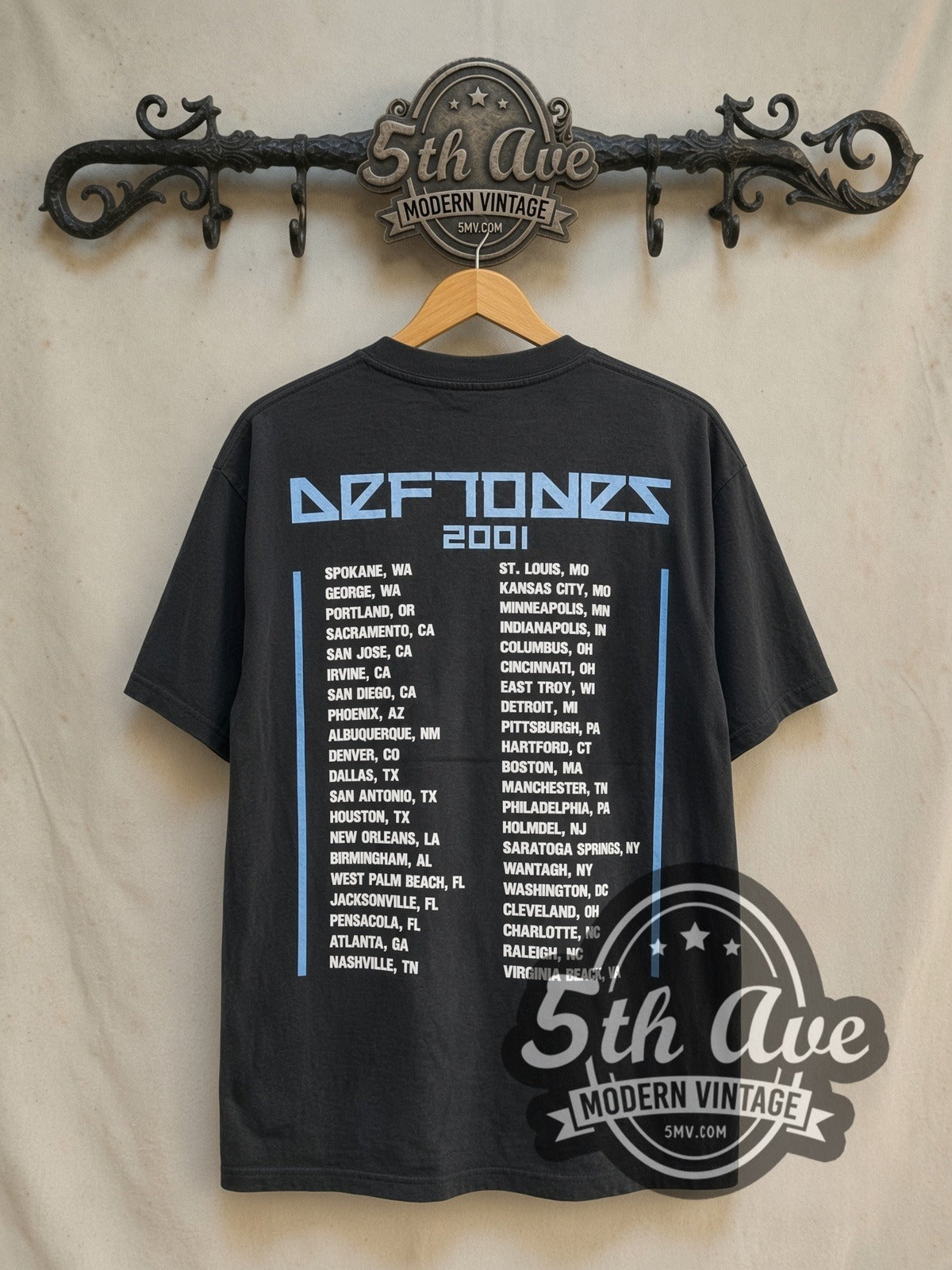 Deftones Tour 2001 vintage band t-shirt in black, back view on a display rack