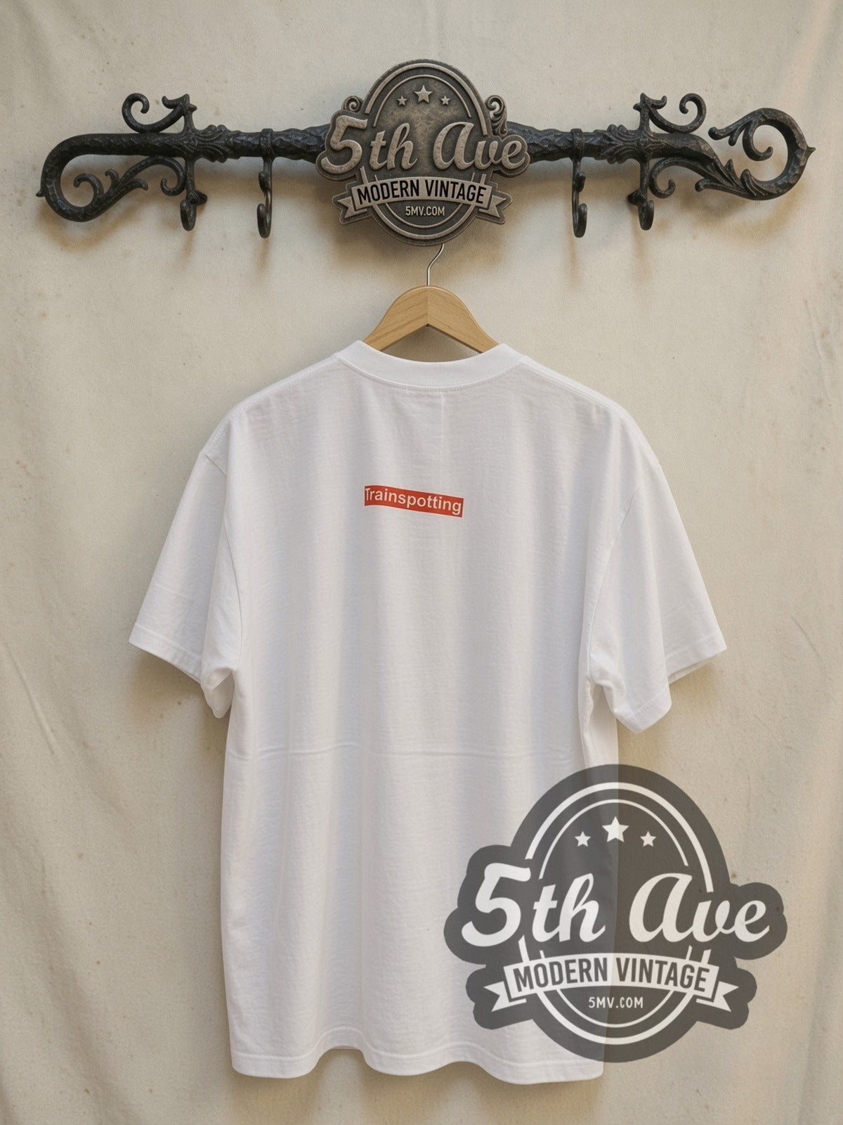 Trainspotting Cast Photo vintage movie t-shirt in white, back view on a display rack