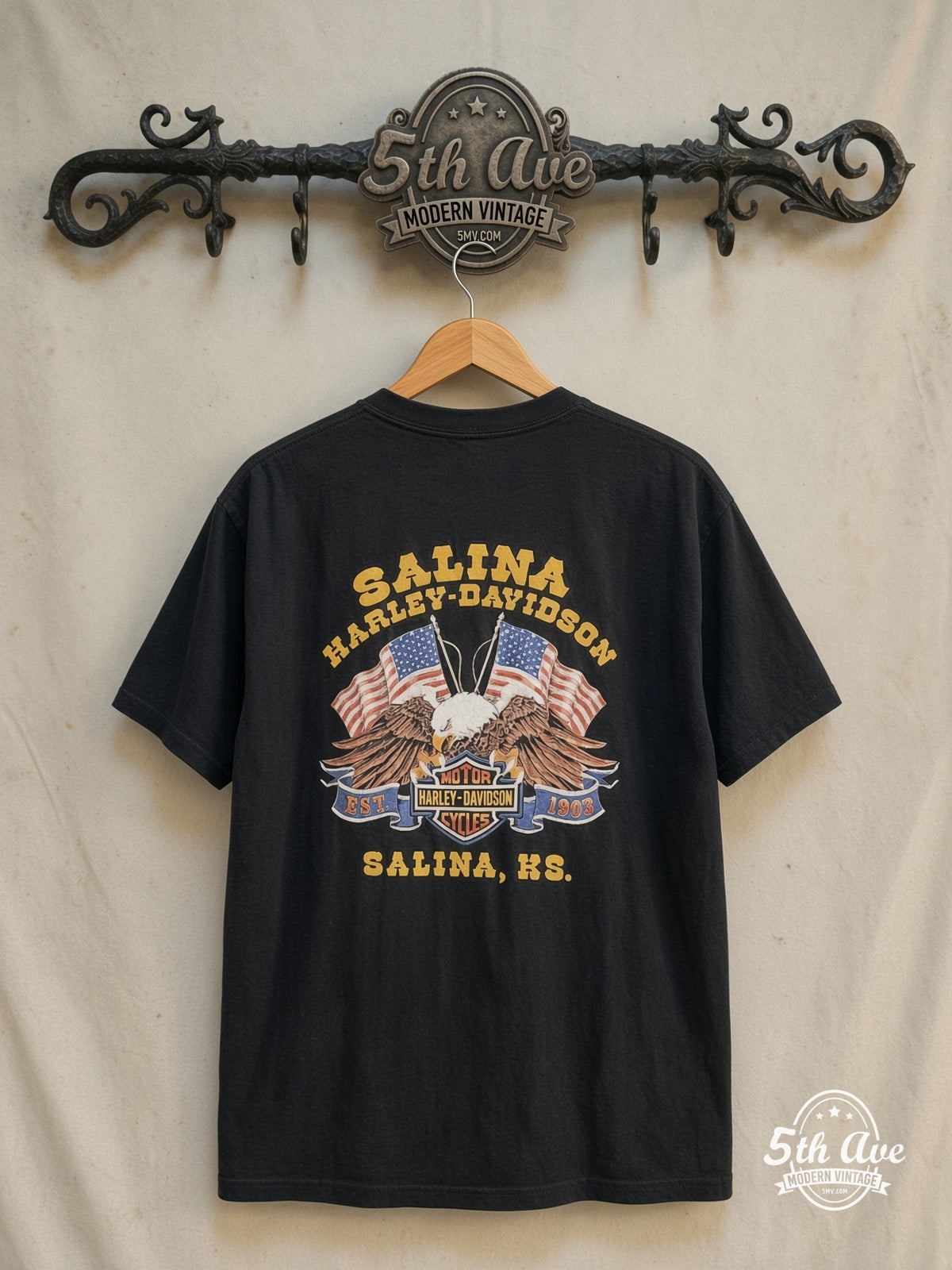 Easyriders x Harley-Davidson – Salina, KS – Vintage Graphic Tee — back on locked cream ornate 5th Ave rack