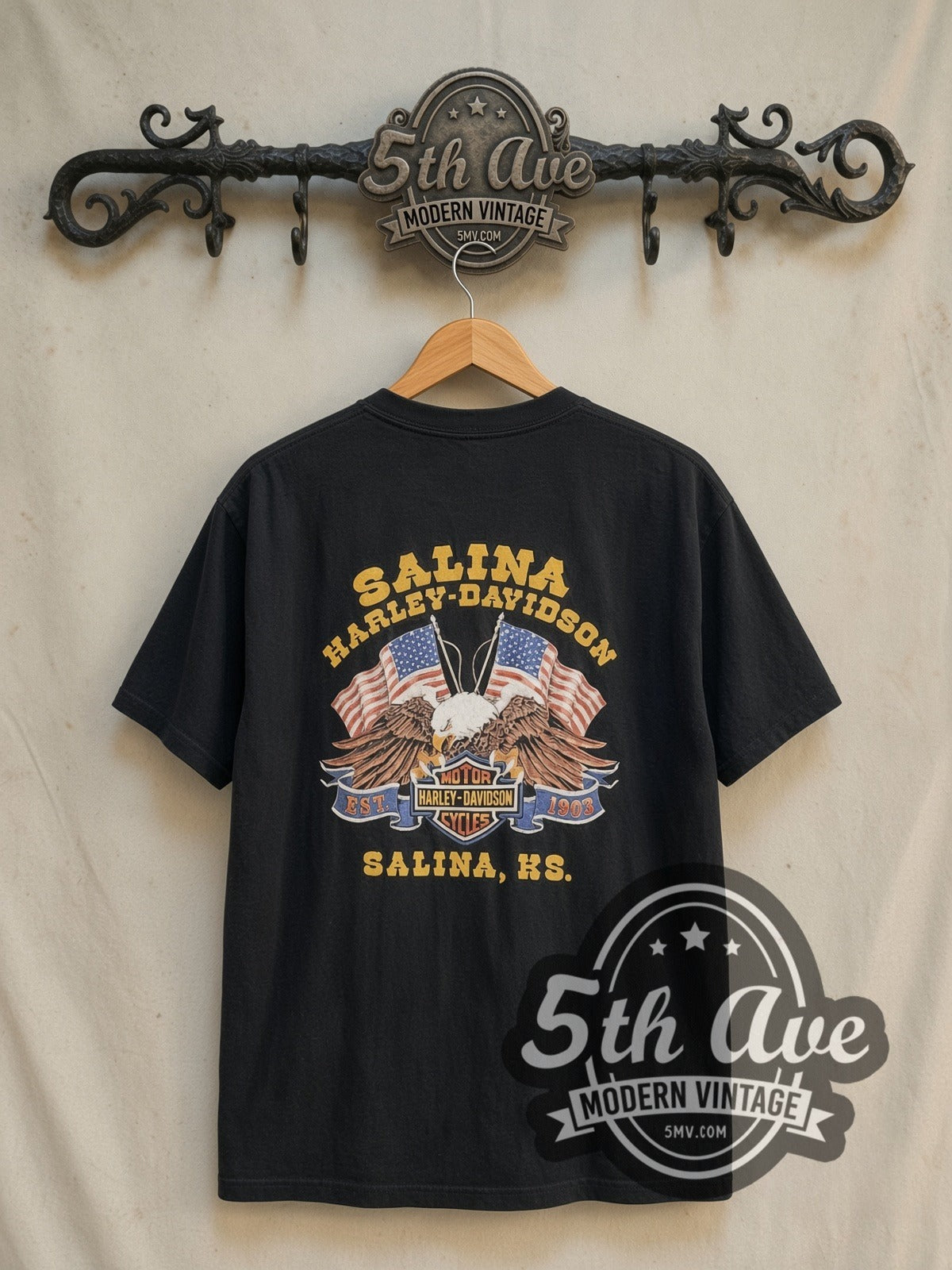 Easyriders x Harley-Davidson Salina, KS vintage Harley tee in black, back view on the 5MV rack