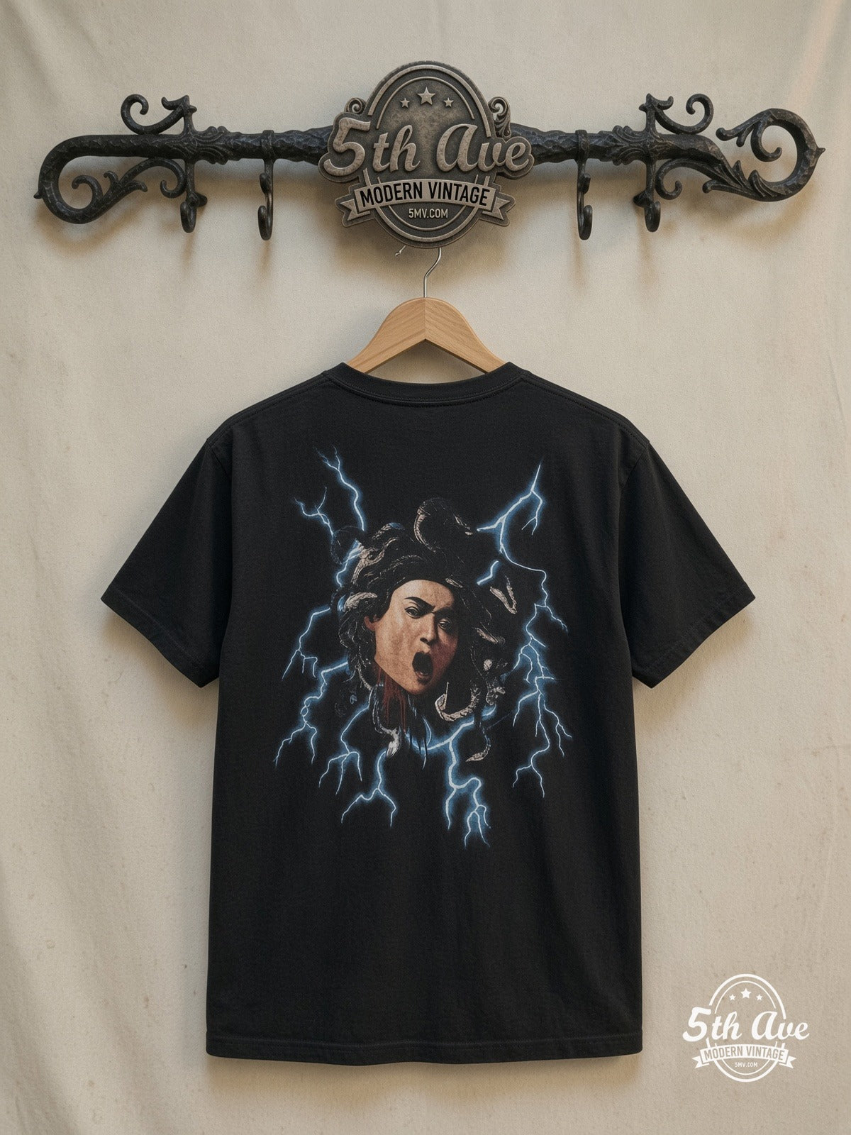 Saint Medusa MX6 Destroy T-Shirt — back on locked cream ornate 5th Ave rack
