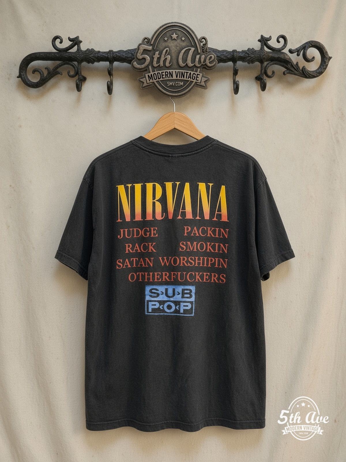 Nirvana – Circles of Hell' Dante's Inferno [Fudge Packin, Crack Smokin, Satan Wo – Vintage Band T-Shirt — back on locked cream ornate 5th Ave rack
