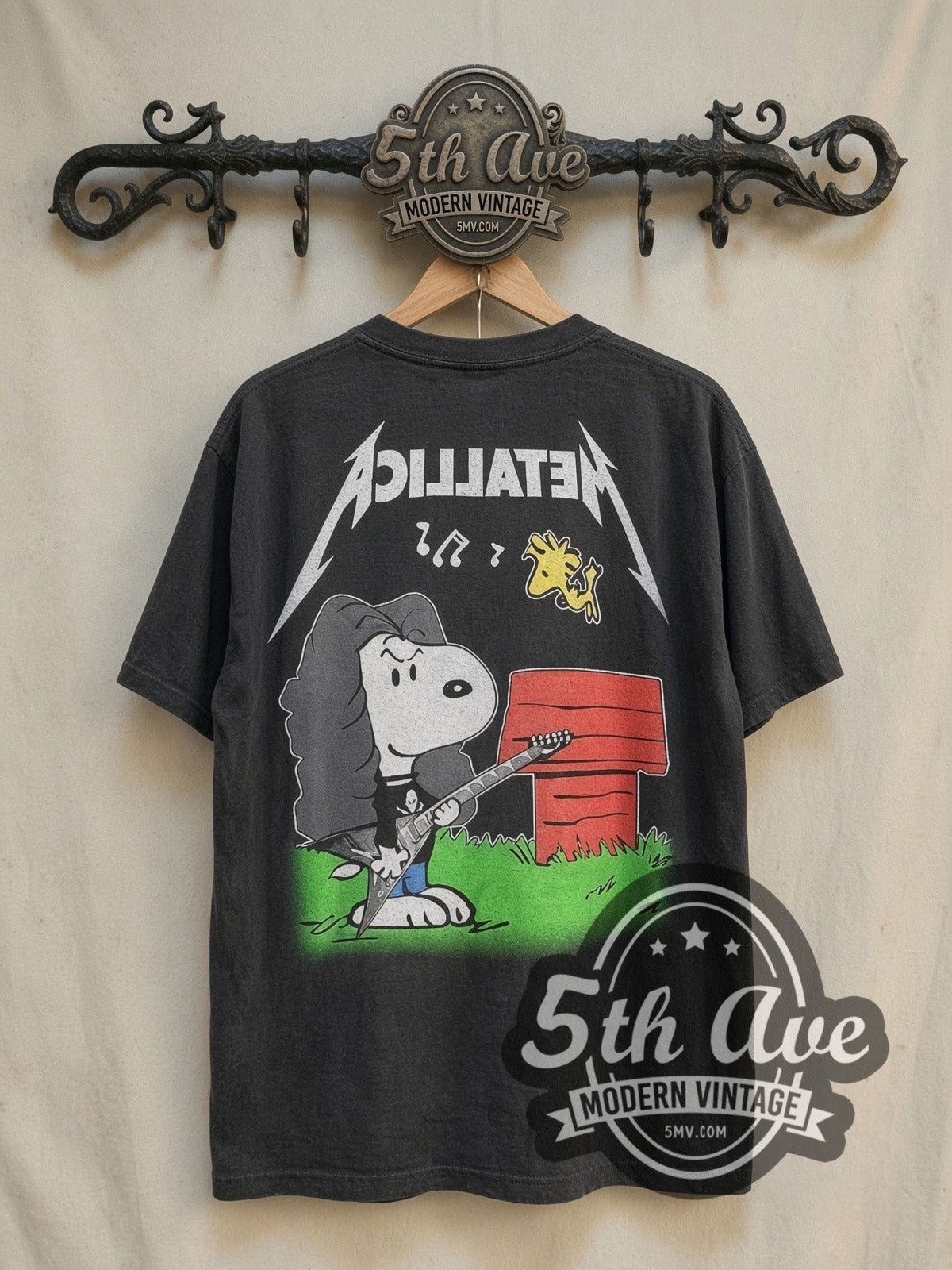 Peanuts Metallica x Snoopy vintage cartoon tee in black, back view on the 5MV rack