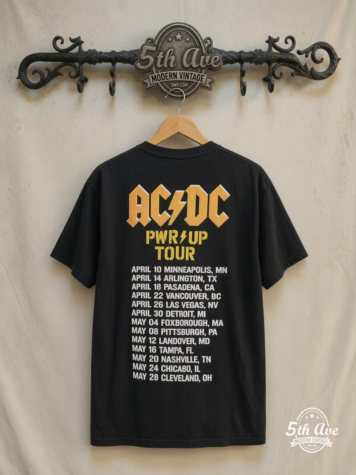 AC/DC – Hells Bells Power Up Tour – Vintage Band T-Shirt — back on locked cream ornate 5th Ave rack