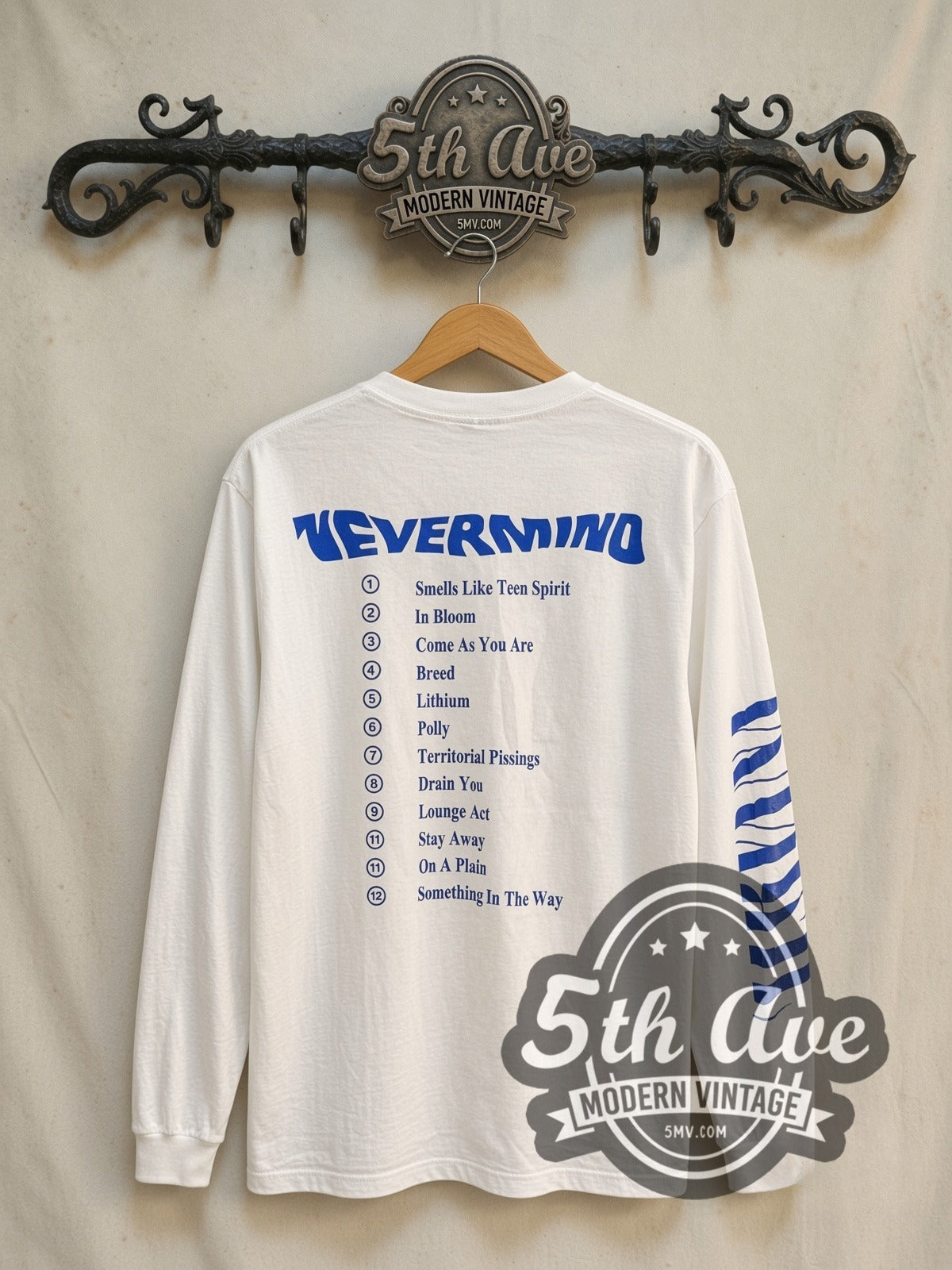 Nirvana Nevermind Baby Cover Tracklist Long Sleeve vintage band t-shirt in white, back view on the 5MV rack