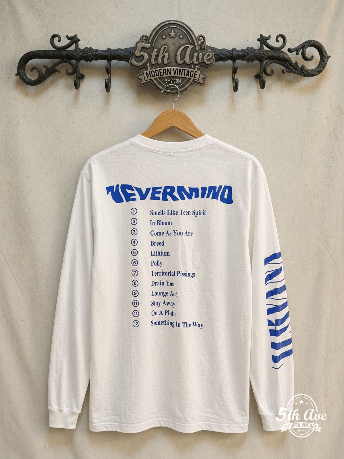 Nirvana – Nevermind Baby Cover Tracklist Long Sleeve – Vintage Band T-Shirt — back on locked cream ornate 5th Ave rack
