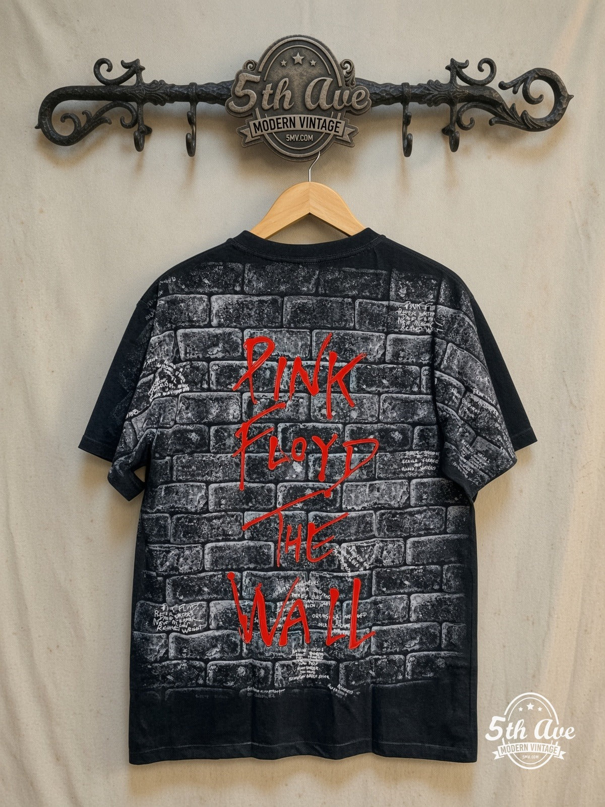 Pink Floyd The Wall Brick Characters all-over-print vintage band t-shirt, back view on the 5MV rack