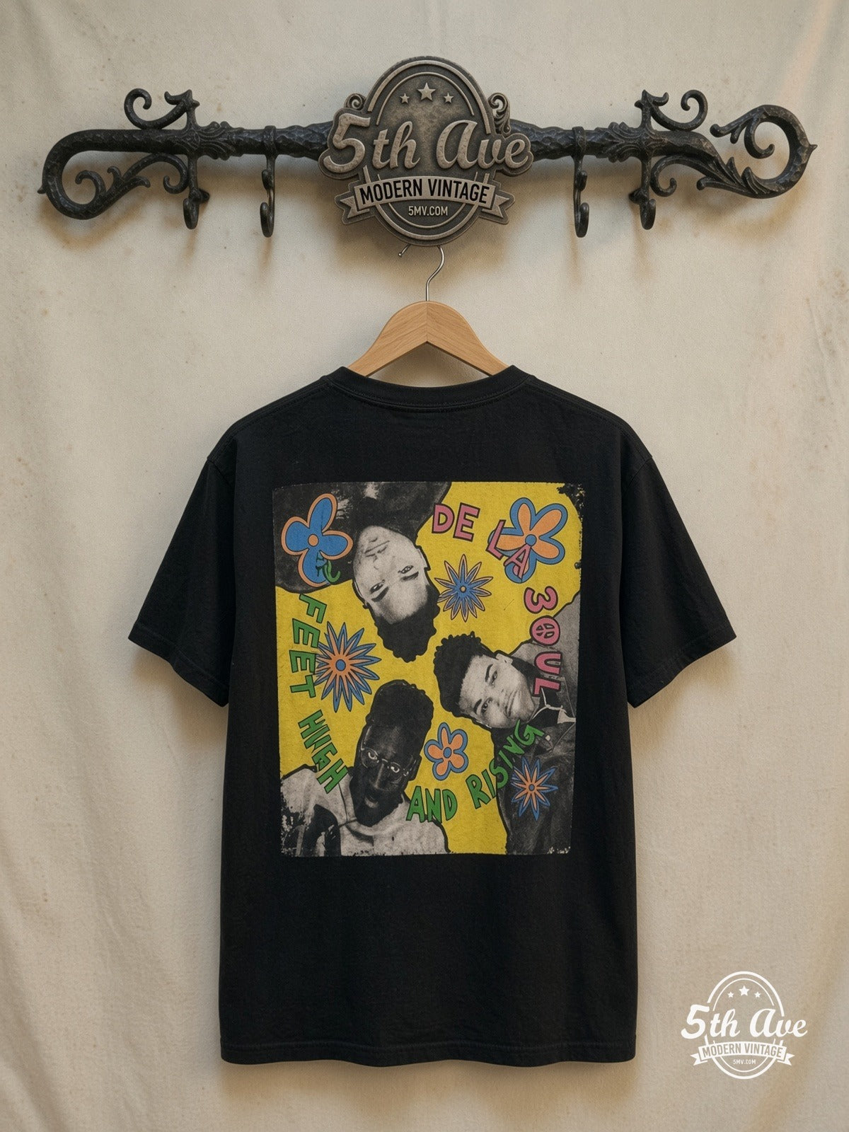 De La Soul all overprint T-Shirt — back on locked cream ornate 5th Ave rack