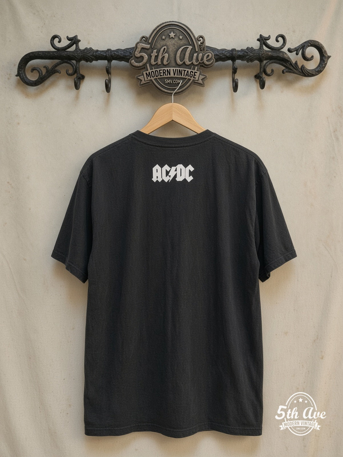 AC/DC – Classic Back In Black t shirt – Vintage Band T-Shirt — back on locked cream ornate 5th Ave rack