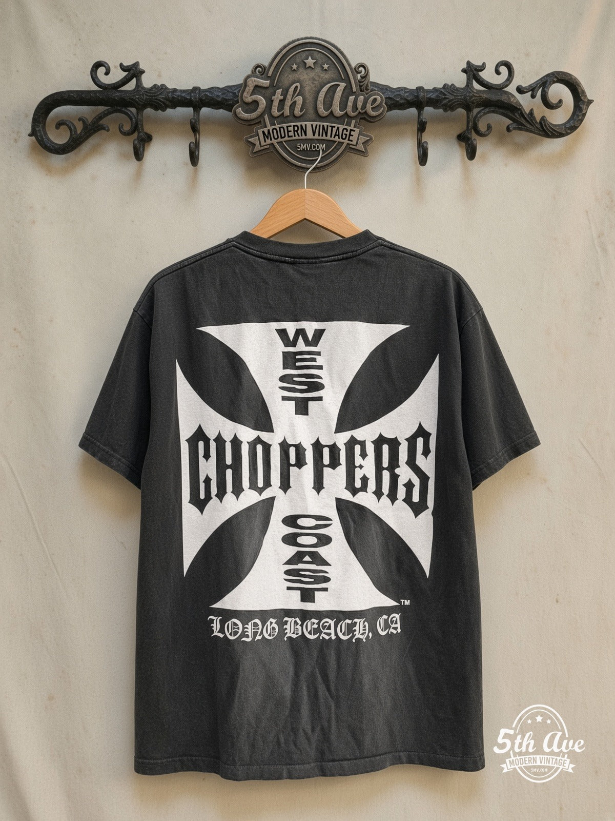 West Coast Choppers – Long Beach White Cross – Vintage Graphic Tee — back on locked cream ornate 5th Ave rack