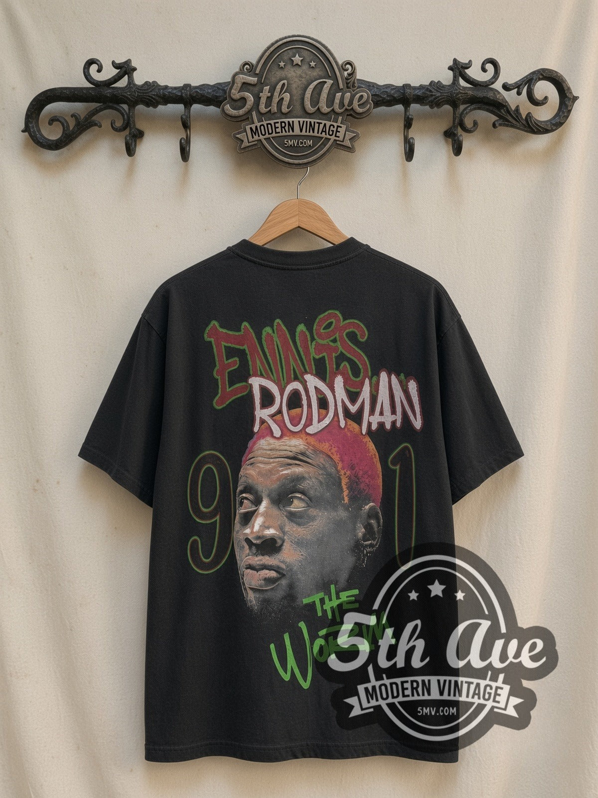 Dennis Rodman Pink Hair / The Worm 91 vintage graphic t-shirt, back view on a display rack