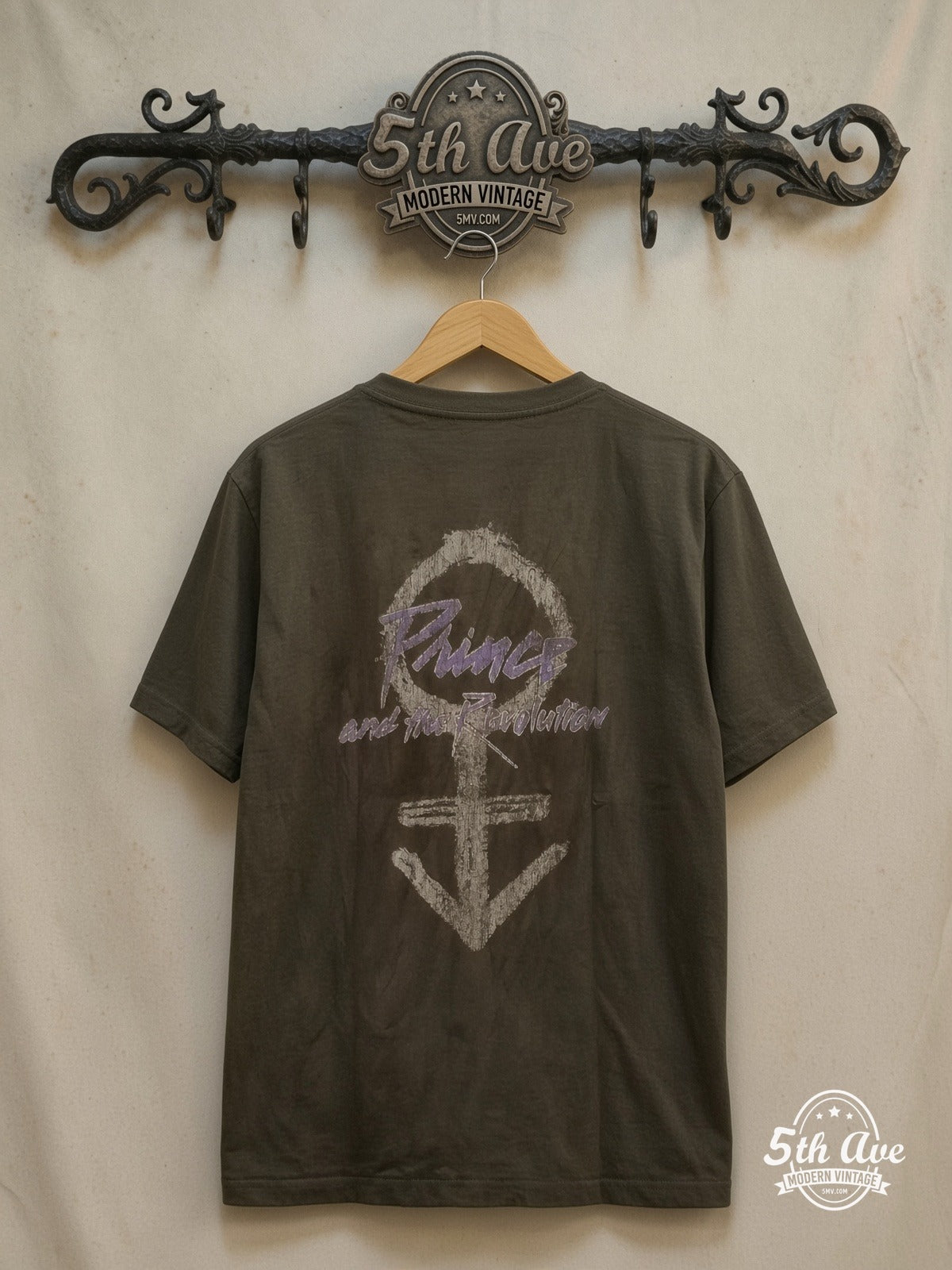 Prince – Purple Rain Script Motorcycle – Vintage Band T-Shirt — back on locked cream ornate 5th Ave rack