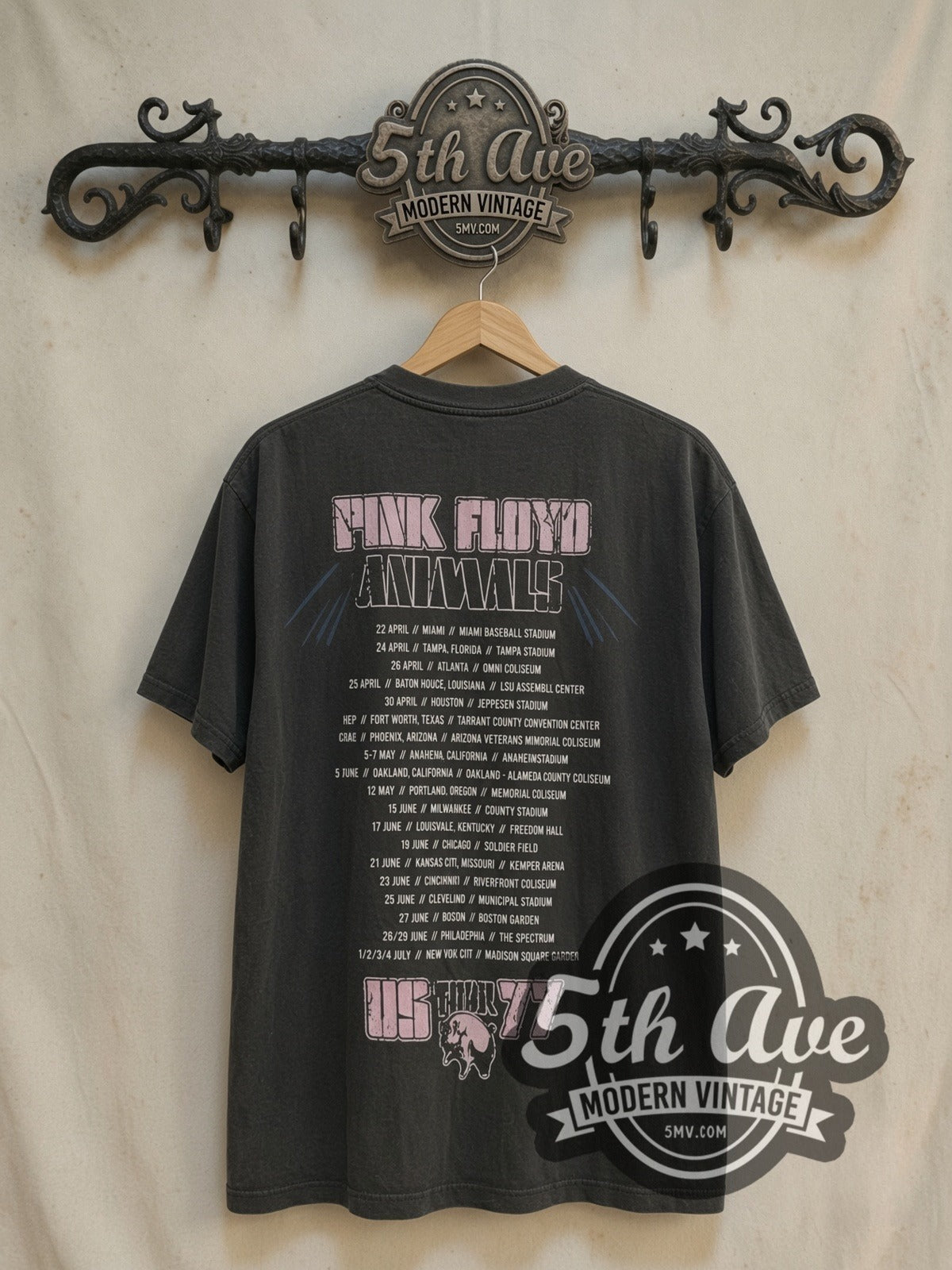 Pink Floyd 1977 Tour vintage band t-shirt, back view on a display rack