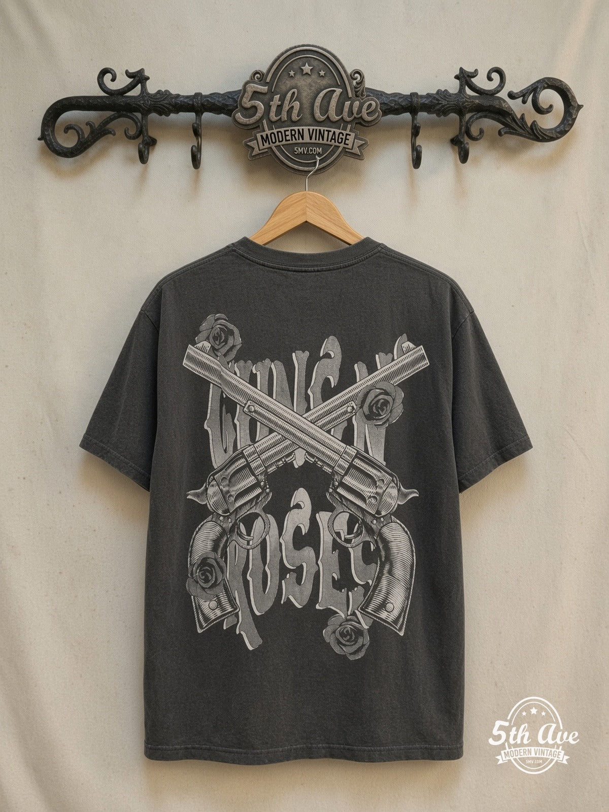 Guns N' Roses Single Stitch Bootleg t shirt. — back on locked cream ornate 5th Ave rack