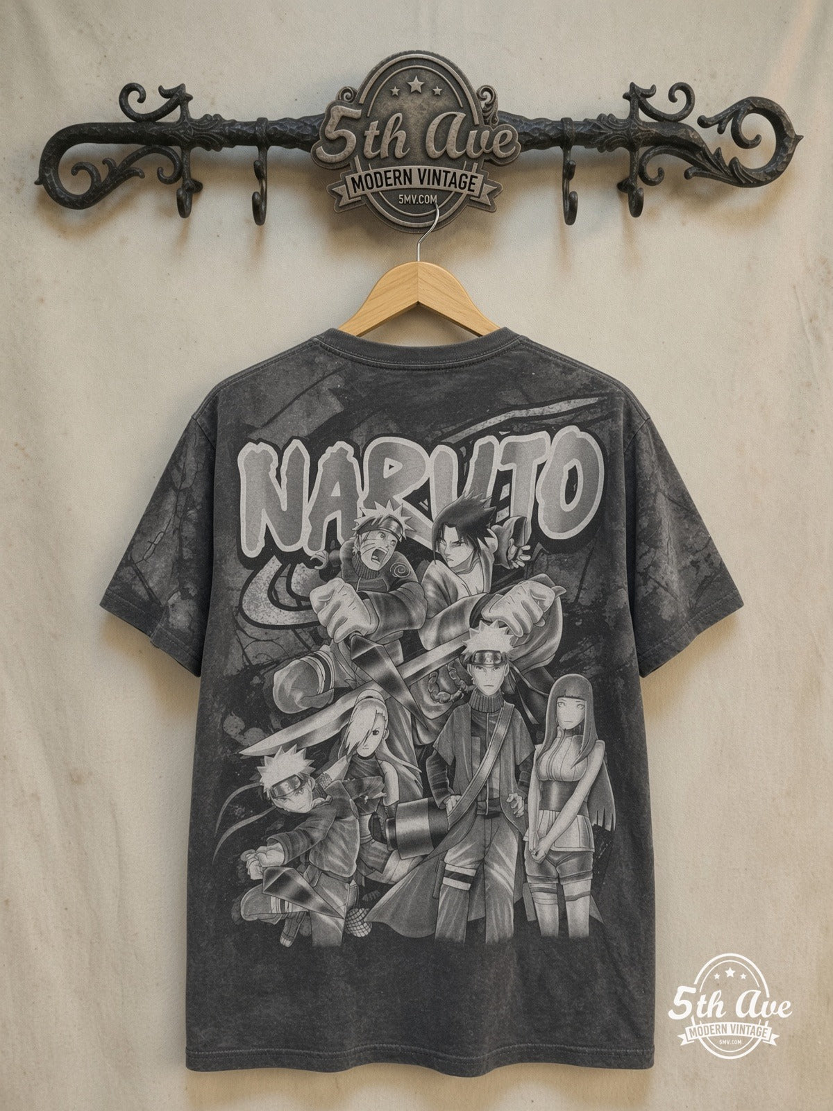 Naruto Shippuden – All-Over Print Graphic – New Vintage Anime Tee — back on locked cream ornate 5th Ave rack