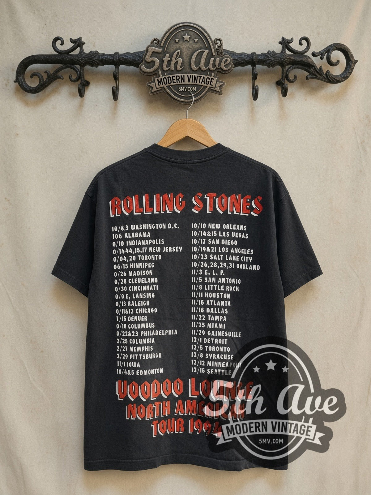 The Rolling Stones Voodoo Lounge North American Tour 1994 vintage band t-shirt in black, back view on the 5MV rack