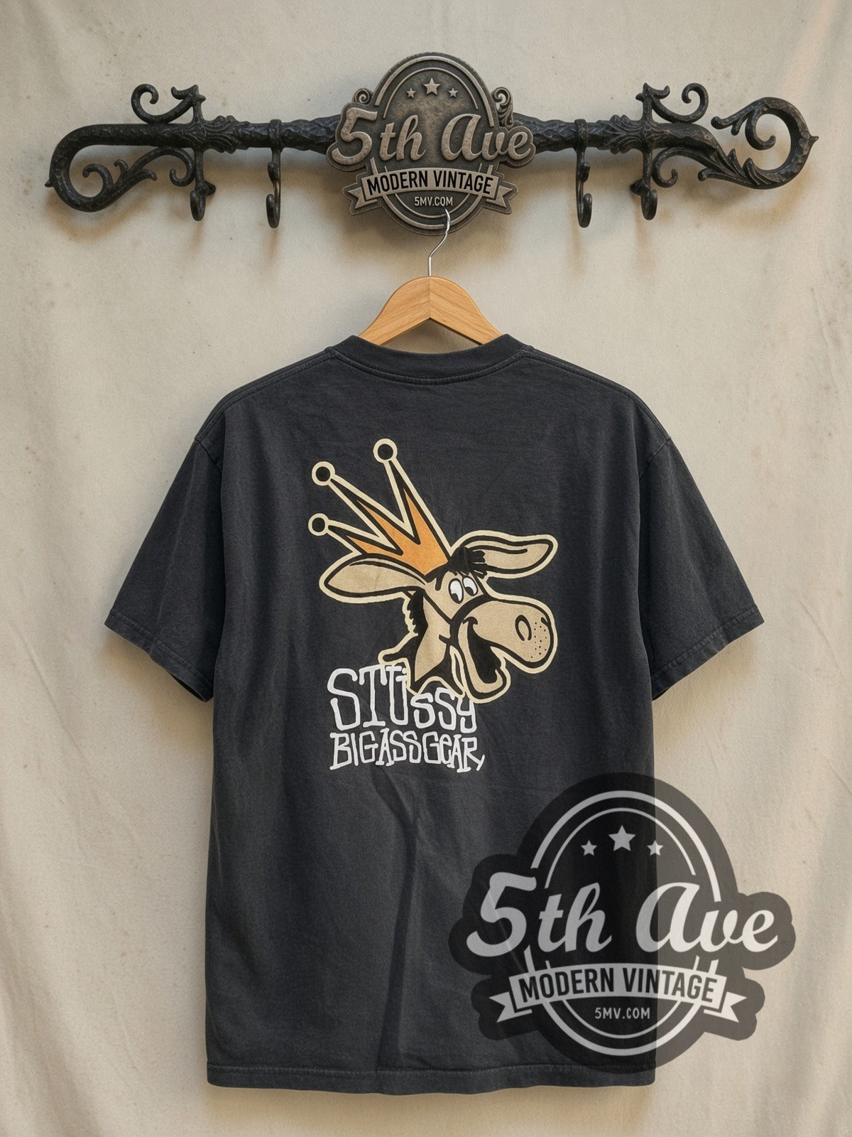 Stussy Big Ass Gear vintage graphic tee in black, back view on the 5MV rack