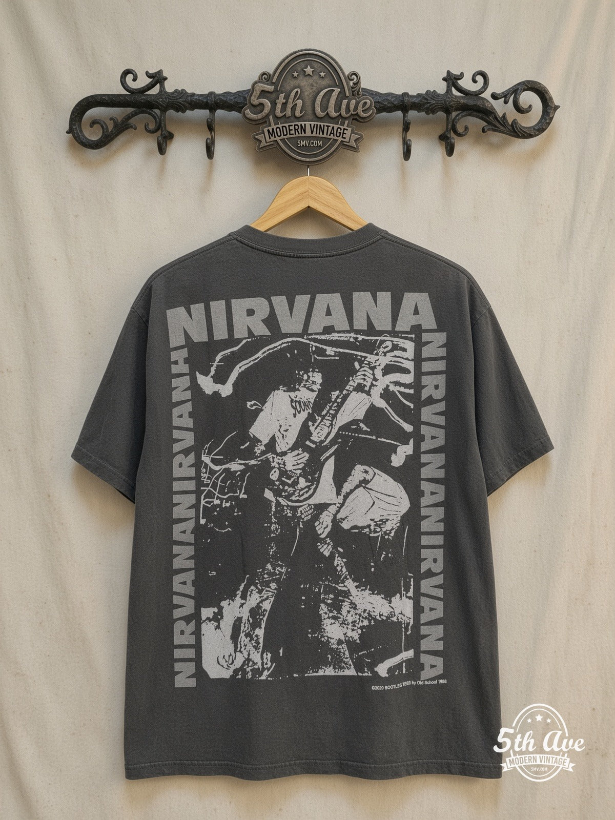 Nirvana – Pink Stencil In Utero Bootleg 1993 – Vintage Band T-Shirt — back on locked cream ornate 5th Ave rack