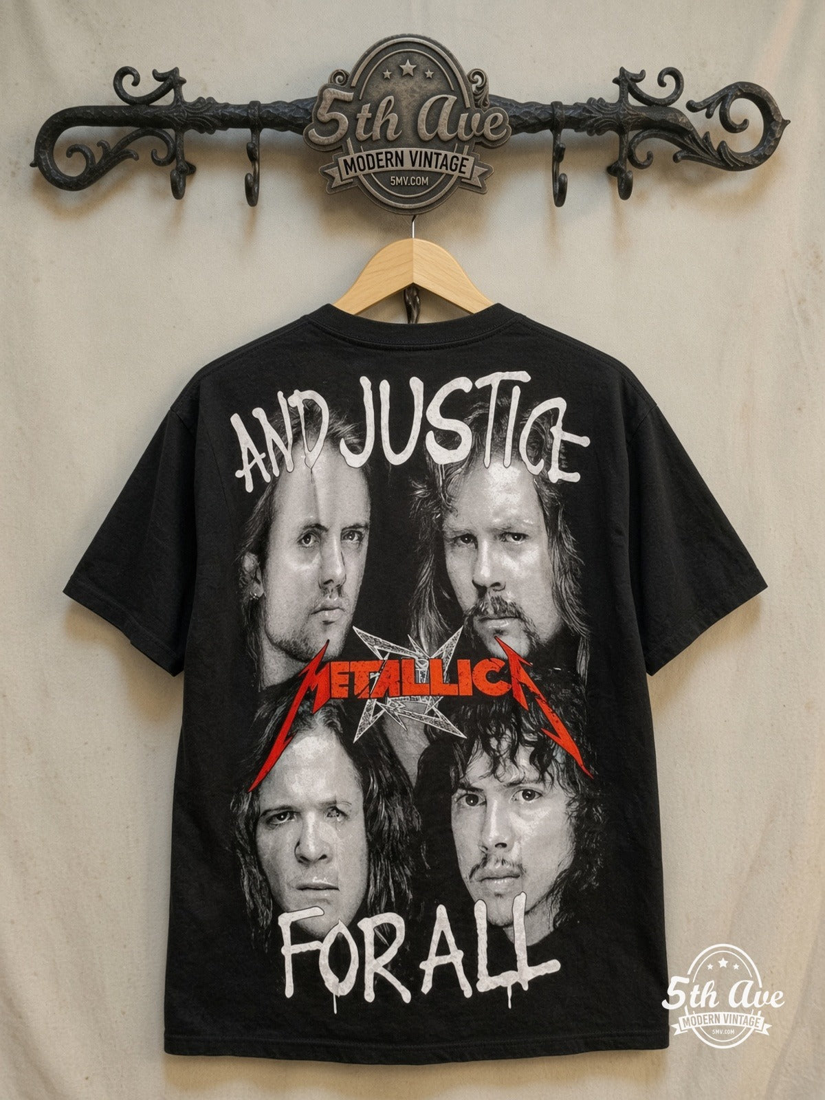 Metallica – Unleash the Fury: Metallica Justice for All All Over Print Single Stit – Vintage Band T-Shirt — back on locked cream ornate 5th Ave rack