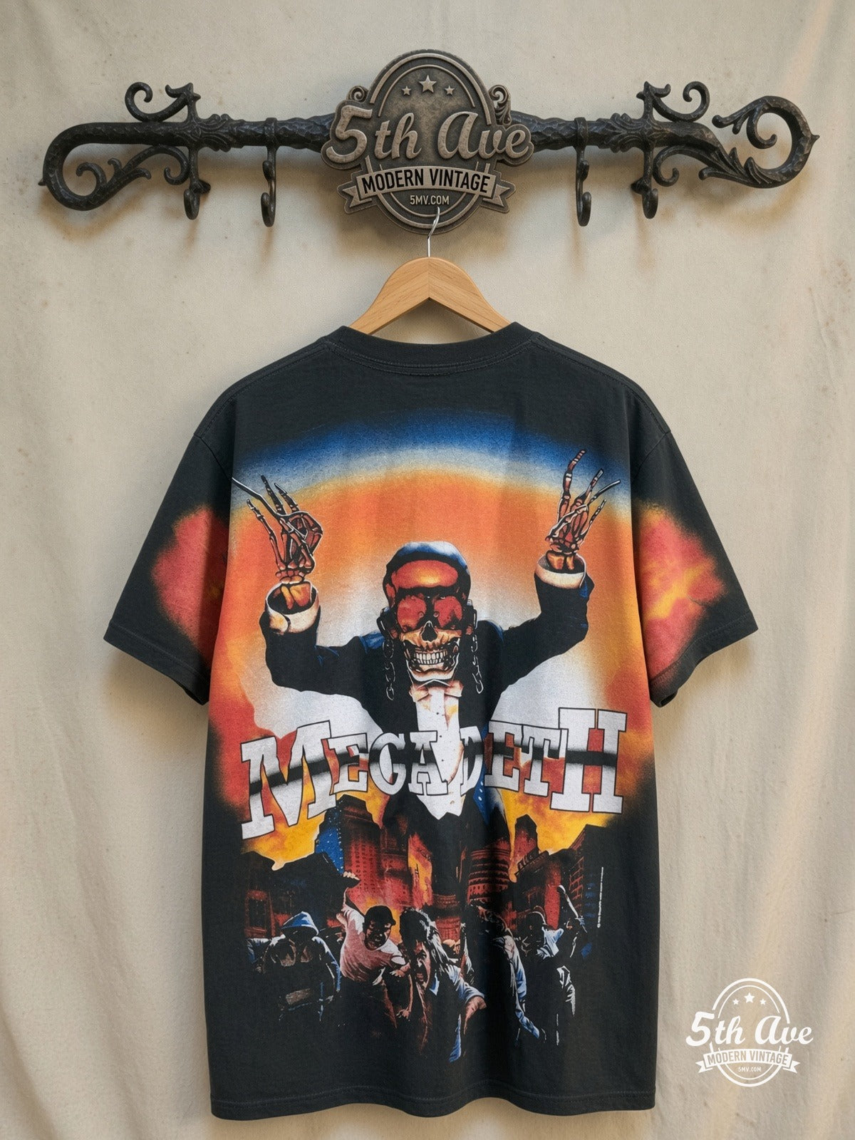Megadeth – Peace Sells Vic Rattlehead Tuxedo All Over Print – Vintage Band T-Shirt — back on locked cream ornate 5th Ave rack