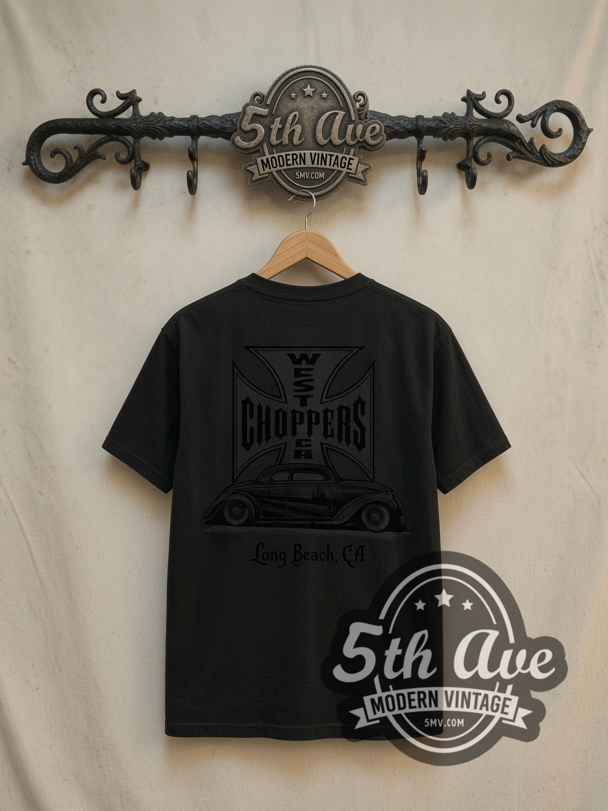 West Coast Choppers Purple Hot Rod Long Beach Back vintage biker tee, back view on a display rack