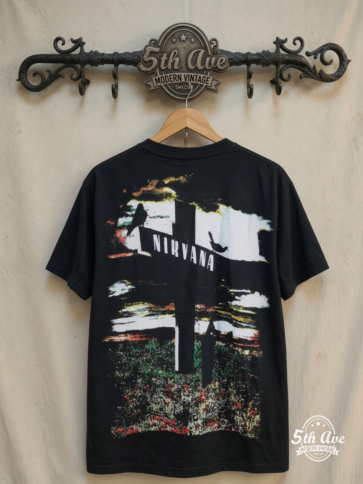 Kurt Cobain – Who Killed Kurt Cobain – Vintage Band T-Shirt — back on locked cream ornate 5th Ave rack