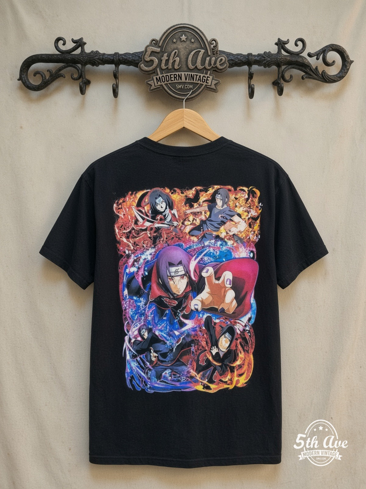 Naruto Shippuden – Itachi Uchiha – All Over Print – New Vintage Anime Tee — back on locked cream ornate 5th Ave rack