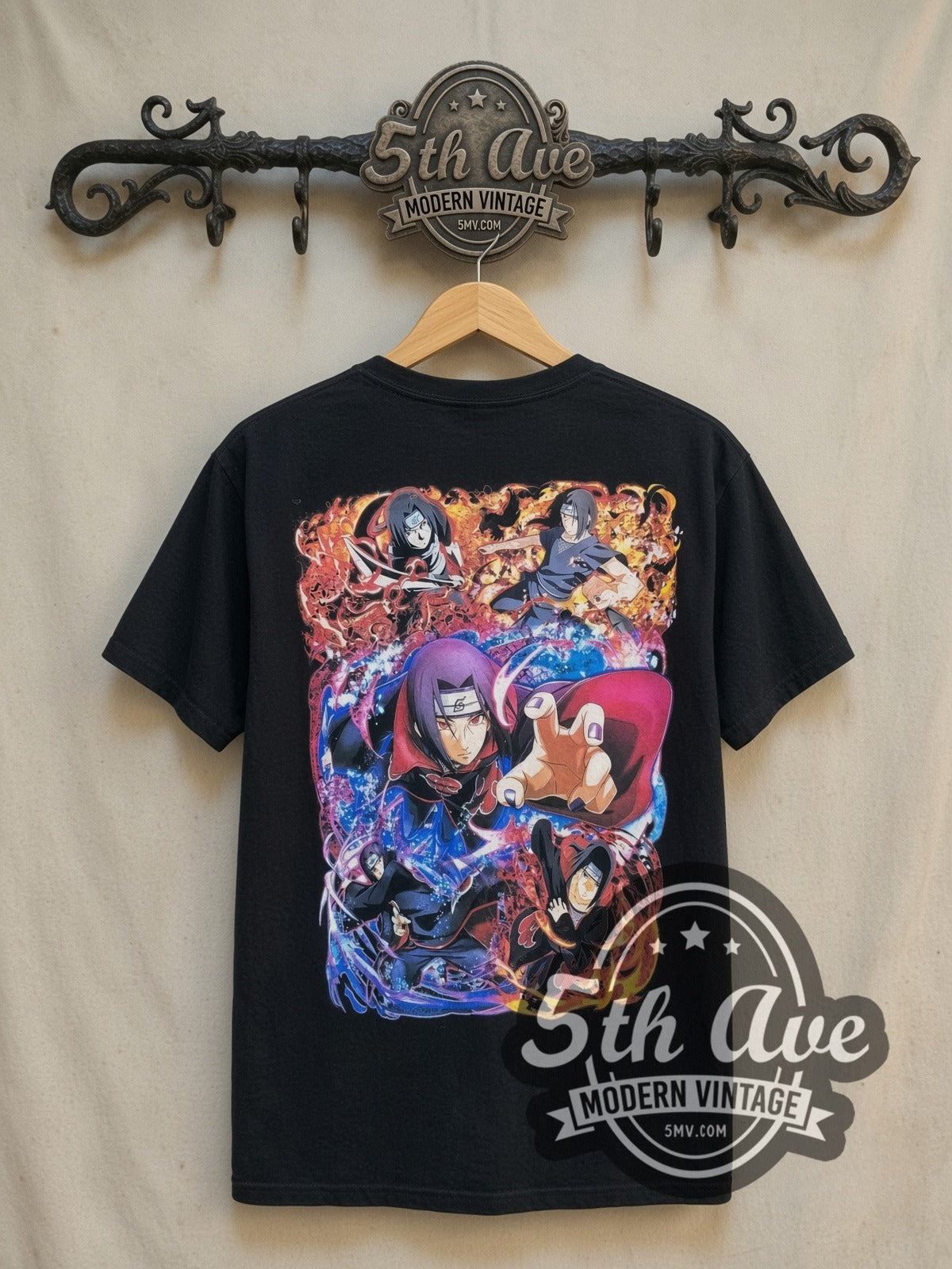 Naruto Shippuden Itachi Uchiha all-over-print vintage graphic t-shirt, back view on a display rack