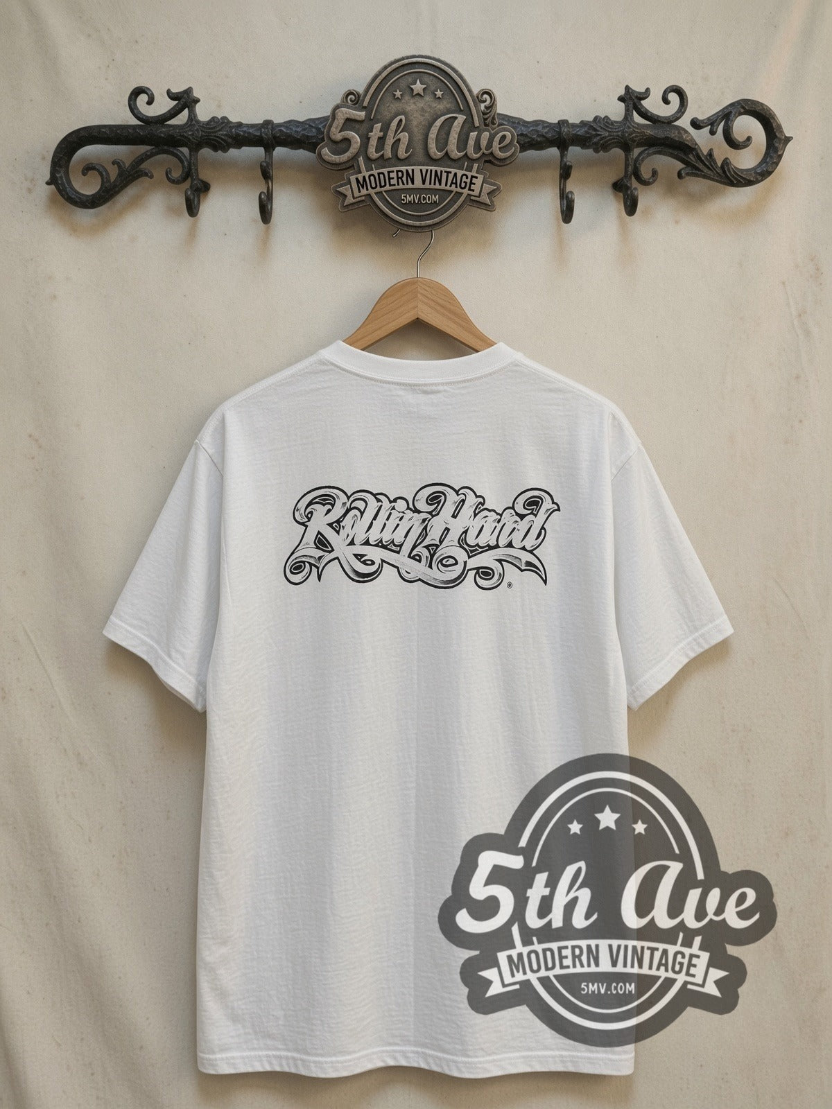 Rollin Hard Lowrider Clowns Unleashed vintage graphic tee, back view on a display rack