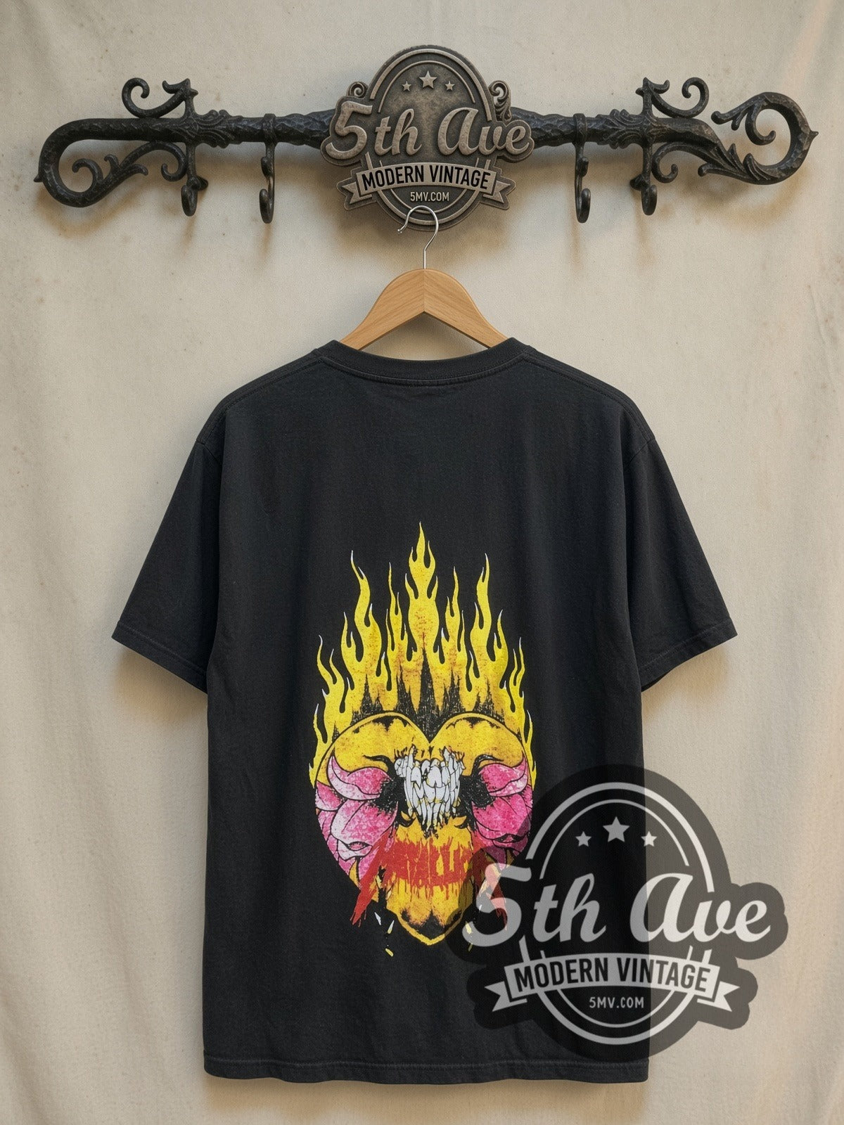 Metallica Burning Flower all-over-print vintage band t-shirt, back view on the 5MV rack