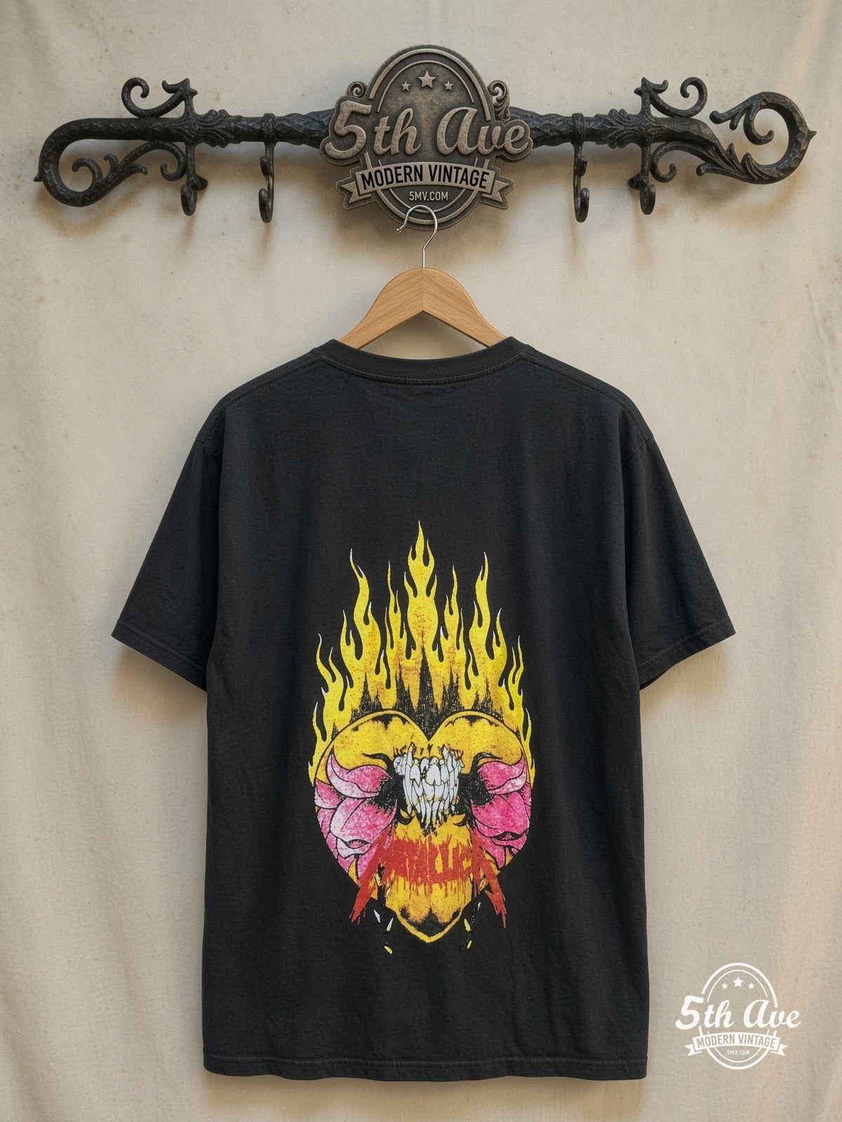 Metallica – Burning Flower – All Over Print – Vintage Band T-Shirt — back on locked cream ornate 5th Ave rack