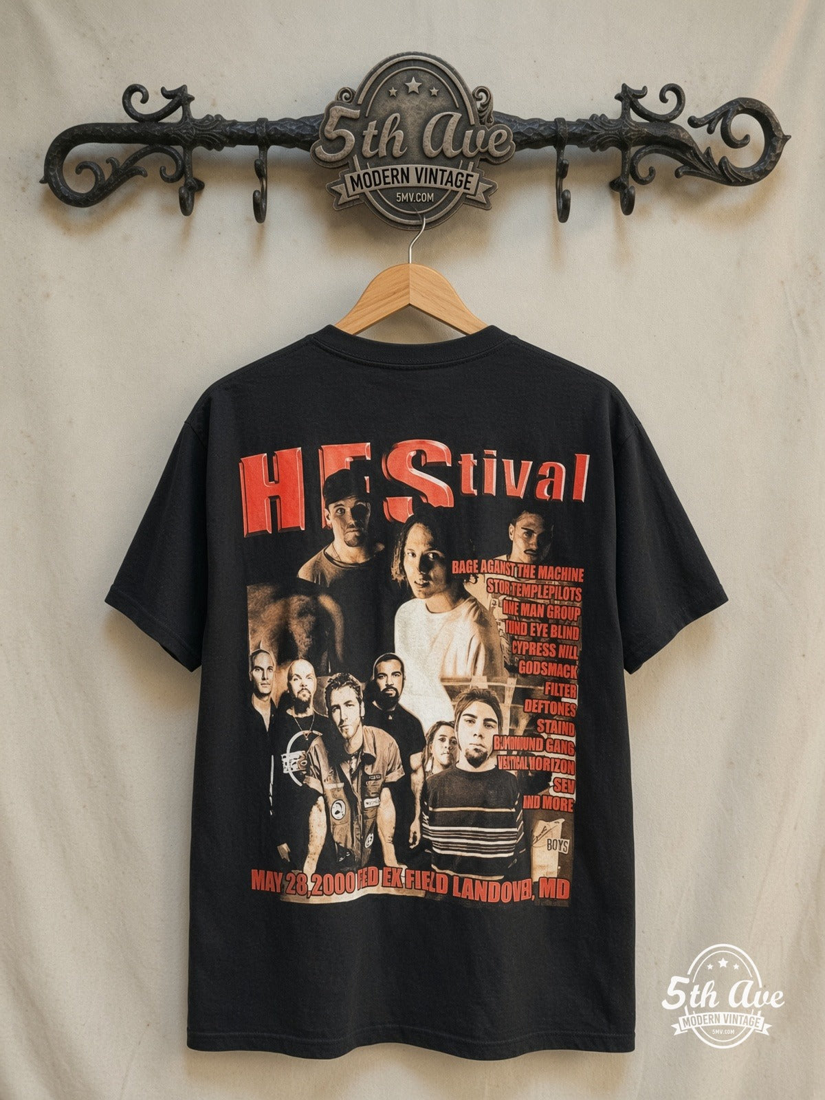 Hfstival – Rock Festival City List – Vintage Band T-Shirt — back on locked cream ornate 5th Ave rack