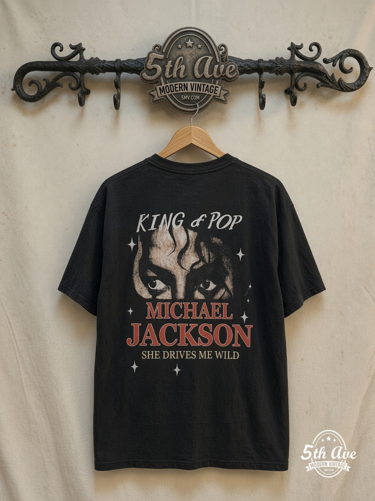 Vintage Michael Jackson Long Sleeve Tee Faded Black Double Sided Graphic Shirt — back on locked cream ornate 5th Ave rack
