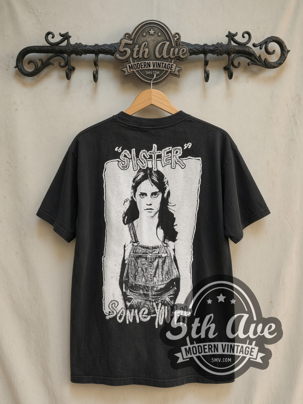 Sonic Youth Sister 1987 vintage band t-shirt in black, back view on a display rack