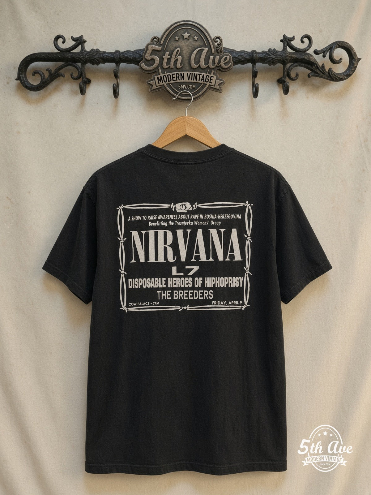Nirvana – 1993 Concert Lineup – Vintage Band T-Shirt — back on locked cream ornate 5th Ave rack