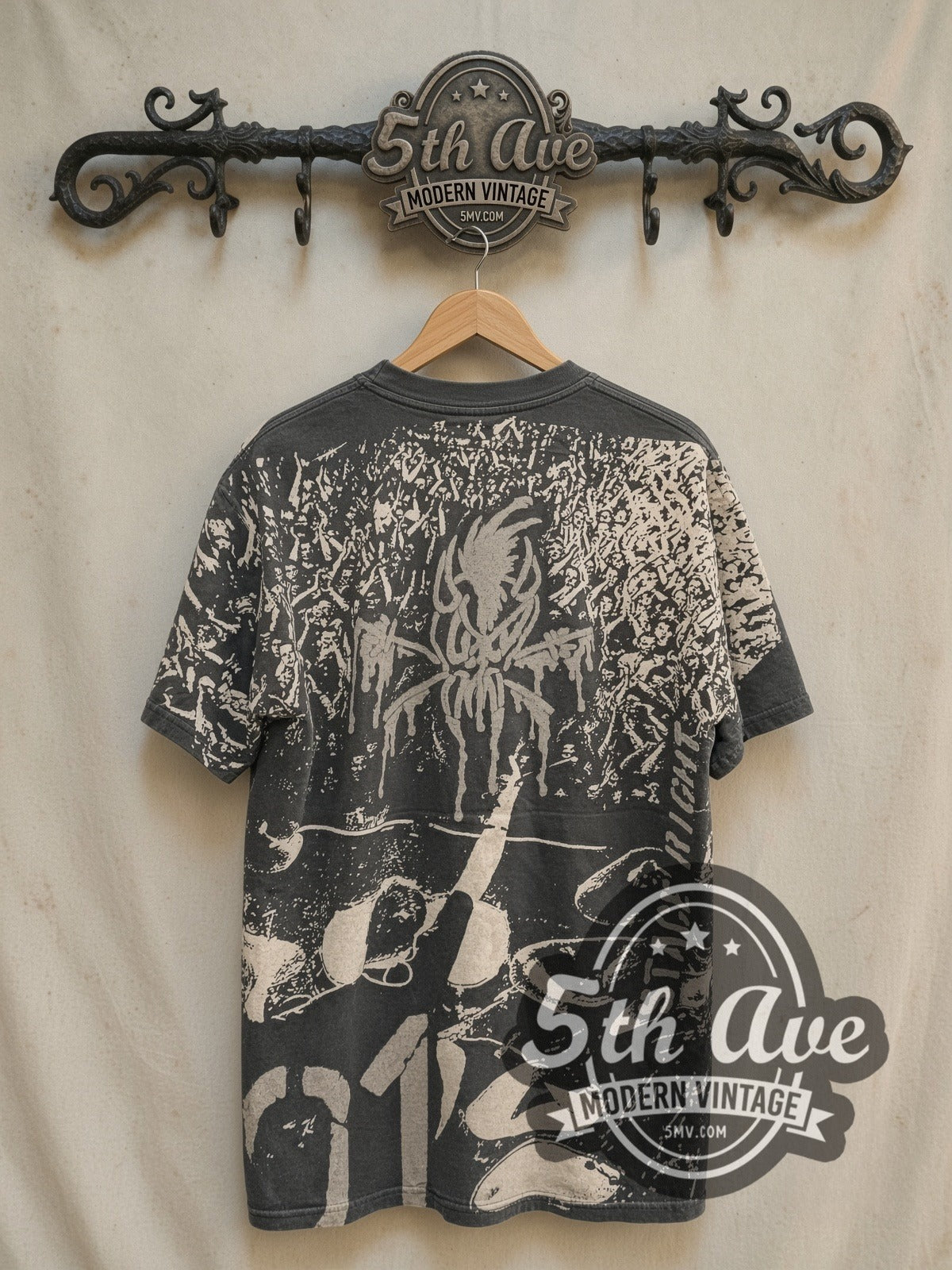Metallica Stage Right all-over-print vintage band t-shirt in black, back view on the 5MV rack