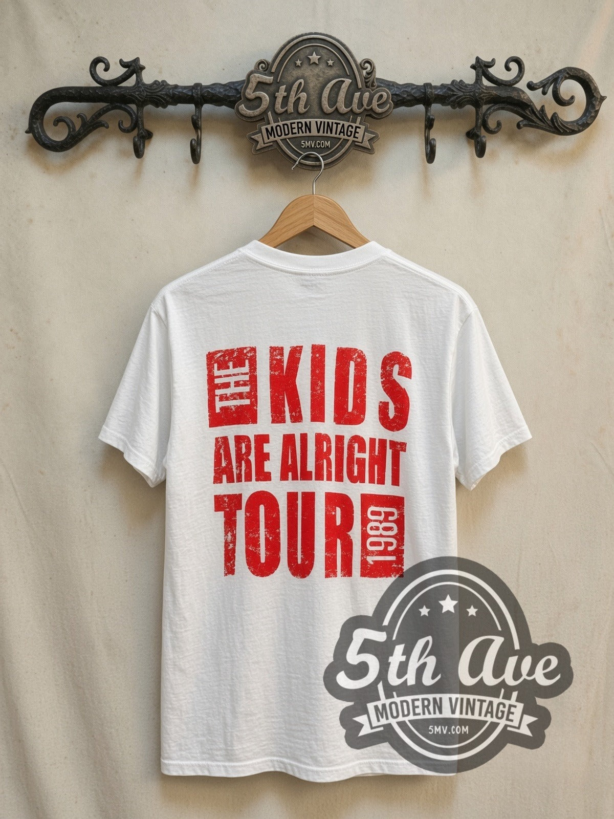 The Who The Kids Are Alright vintage band t-shirt, back view on a display rack