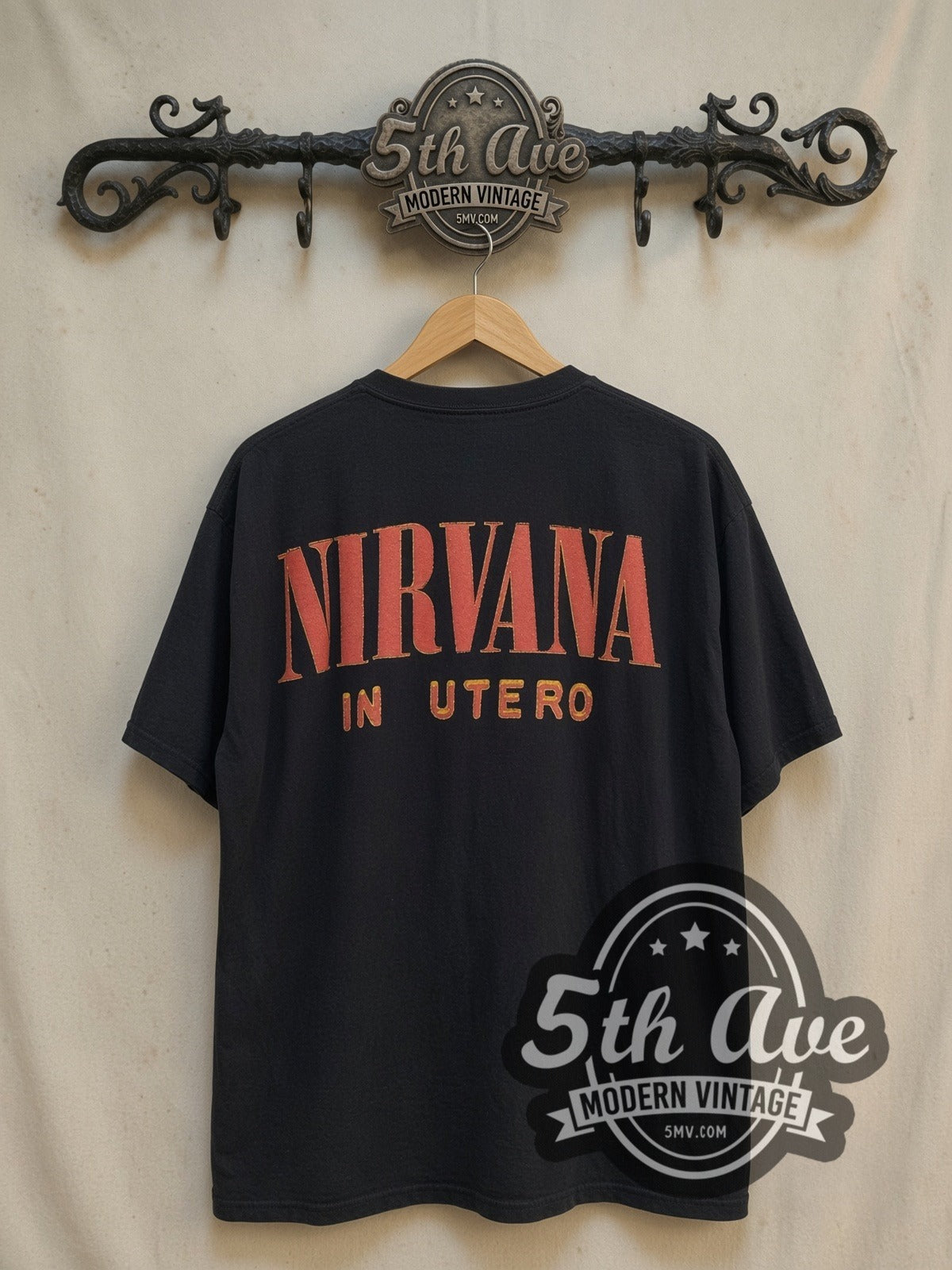 Nirvana In Utero Red Logo Pink Wings Angel vintage band t-shirt, back view on the 5MV rack