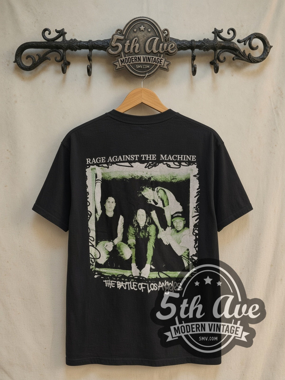 Rage Against the Machine The Battle of Los Angeles Green Light vintage band t-shirt in black, back view on a display rack
