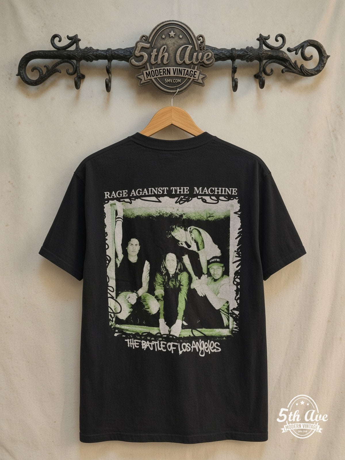 Rage Against the Machine – The Battle of Los Angeles Green Light Band Photo – Vintage Band T-Shirt — back on locked cream ornate 5th Ave rack