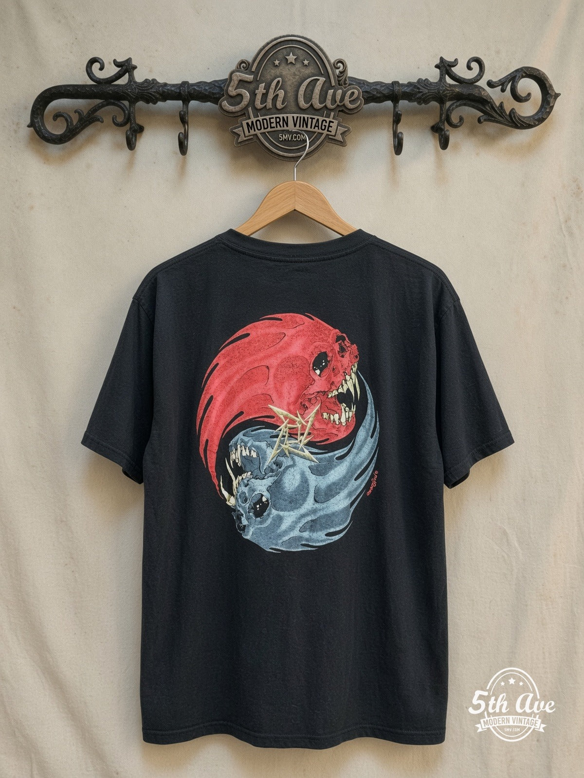 Metallica – Rebel Pushead Artwork – Vintage Band T-Shirt — back on locked cream ornate 5th Ave rack
